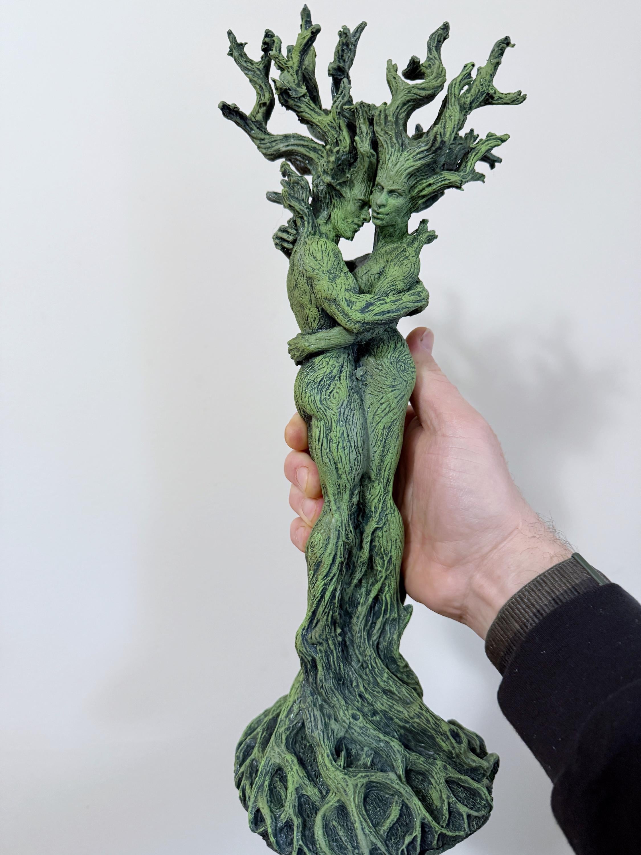 Amor Silvanus: Embracing Dryads Statue, Green Version | Mythical Forest Creature Figurine | Woodland Tree Spirit Couple, Fantasy Art Decor