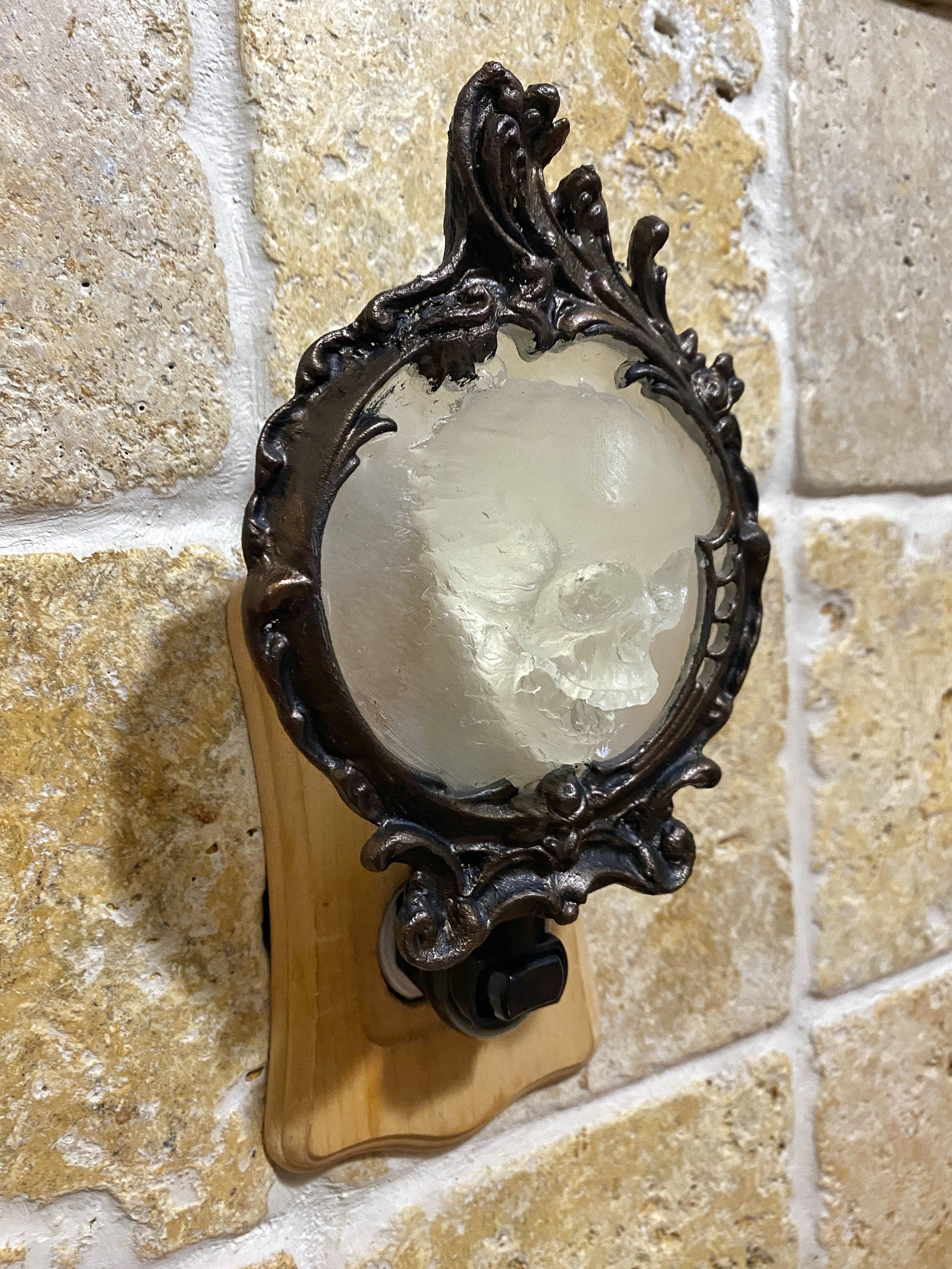 Spectral Skull Nightlight, Hand Painted Resin Sculpture | Victorian Gothic Night Light |  Ghost Skull Lighting for Gothic Fantasy Home Decor