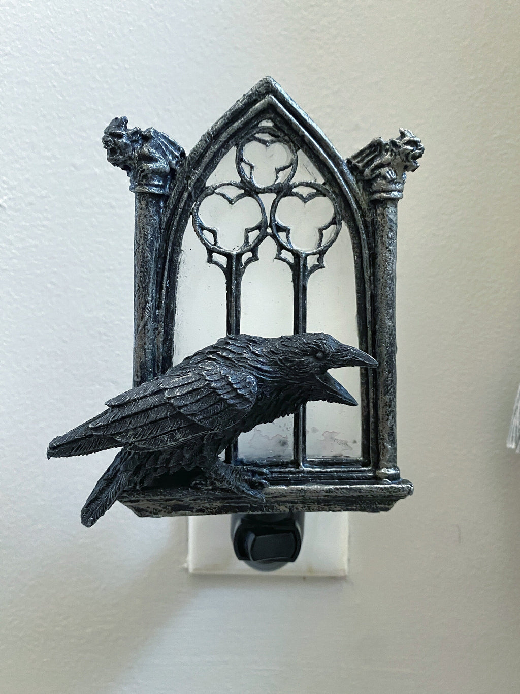 Raven and Window Nightlight, Hand Painted Resin Sculpture | Medieval Gothic Night Light | Poe’s Raven Lighting for Gothic Fantasy Home Decor