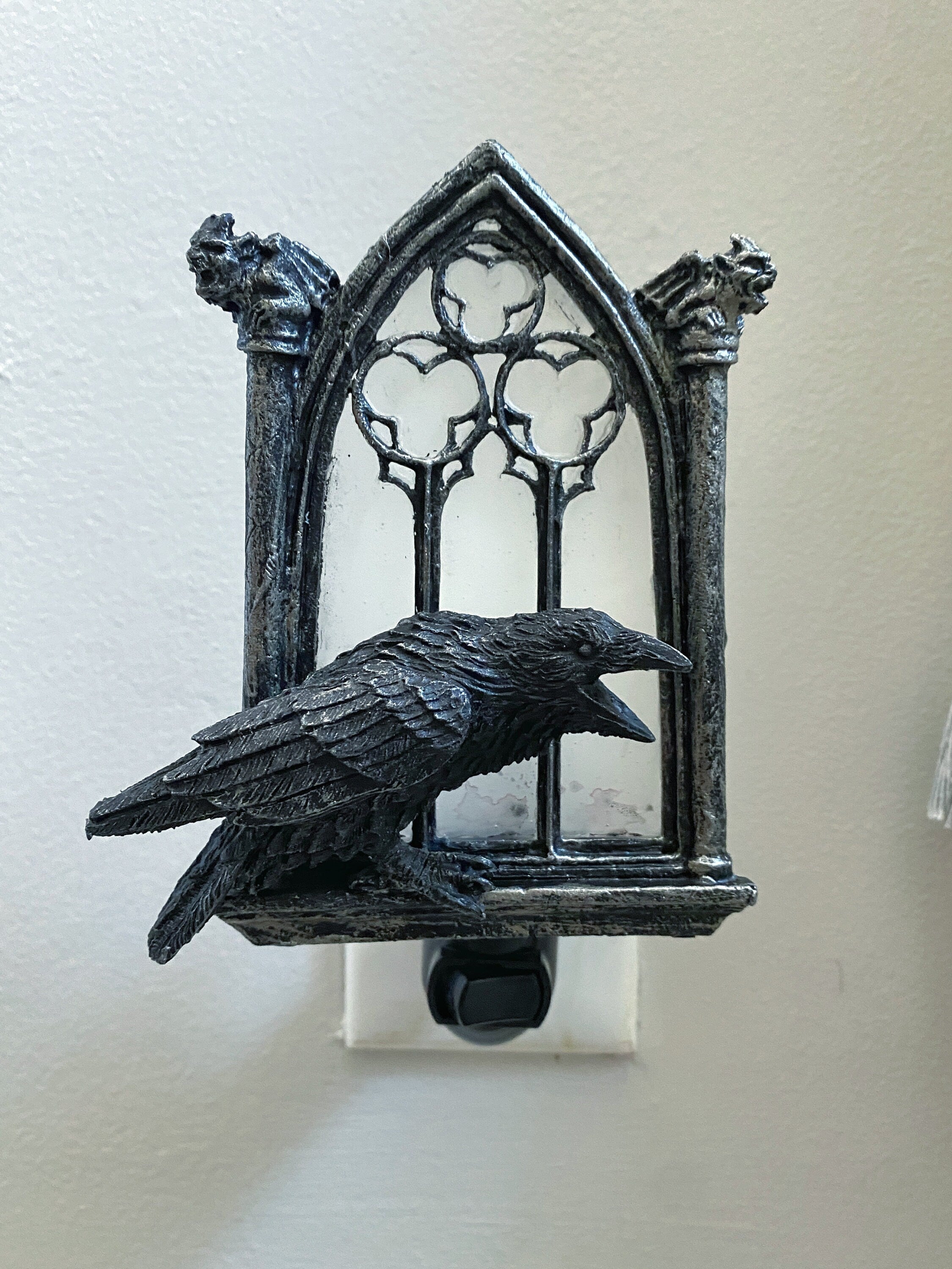 Raven and Window Nightlight, Hand Painted Resin Sculpture | Medieval Gothic Night Light | Poe’s Raven Lighting for Gothic Fantasy Home Decor