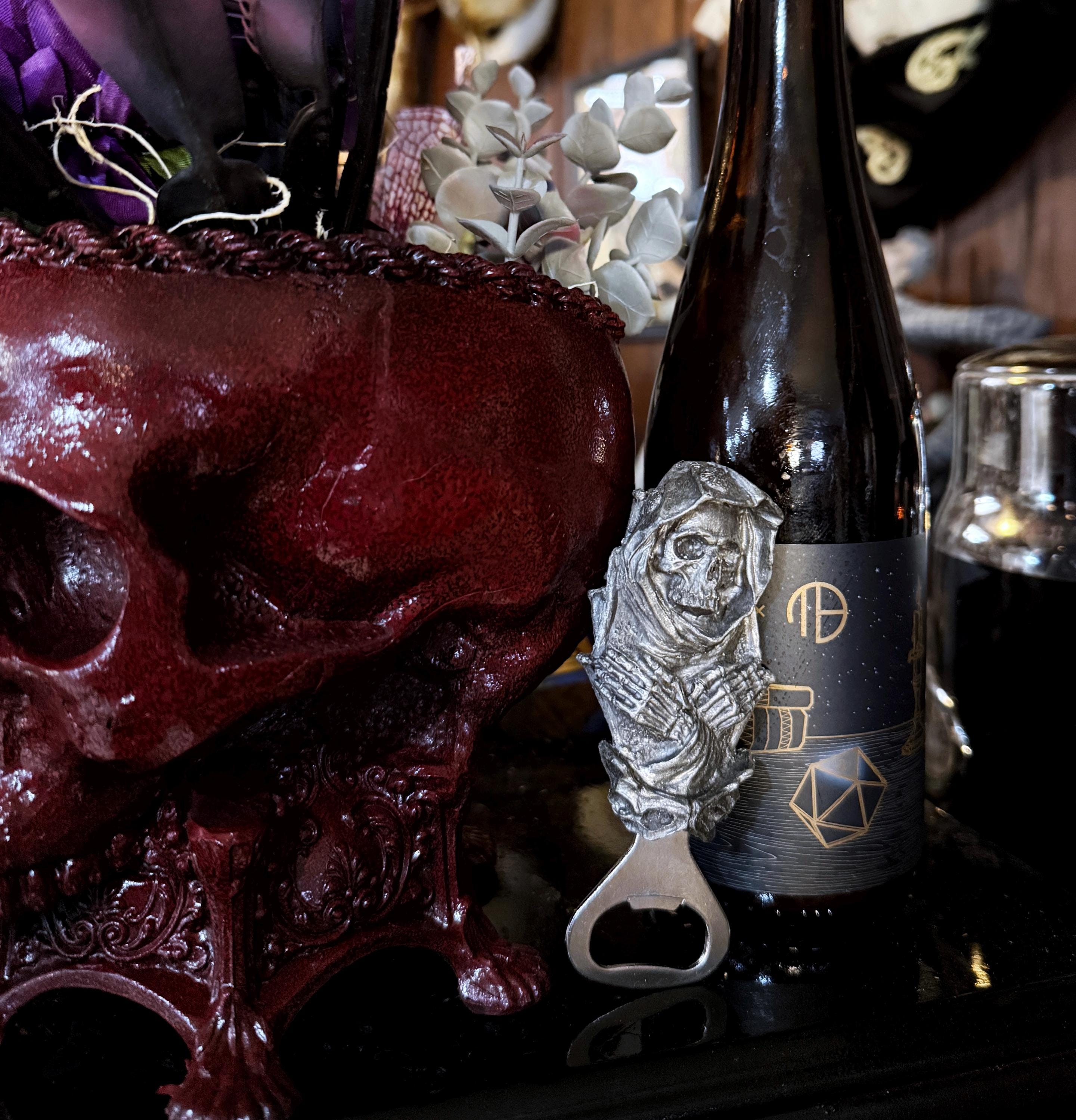 Santa Muerte Bottle Opener, Hand Painted Resin | Gothic Skull Art Barware, Grim Reaper Bottle Opener | Fantasy Gothic Beer and Barware Gift