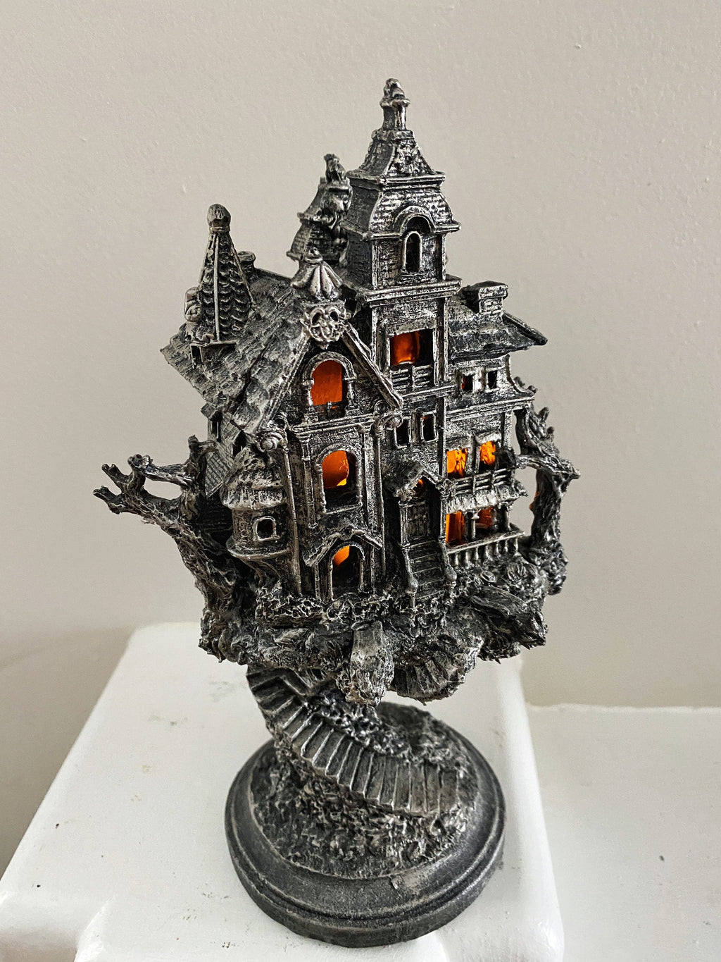 Haunted Mansion, Resin Sculpture with LED Tea Light | Victorian Gothic Haunted House Statue | 9” Gift for Gamers and Spooky Home Decor