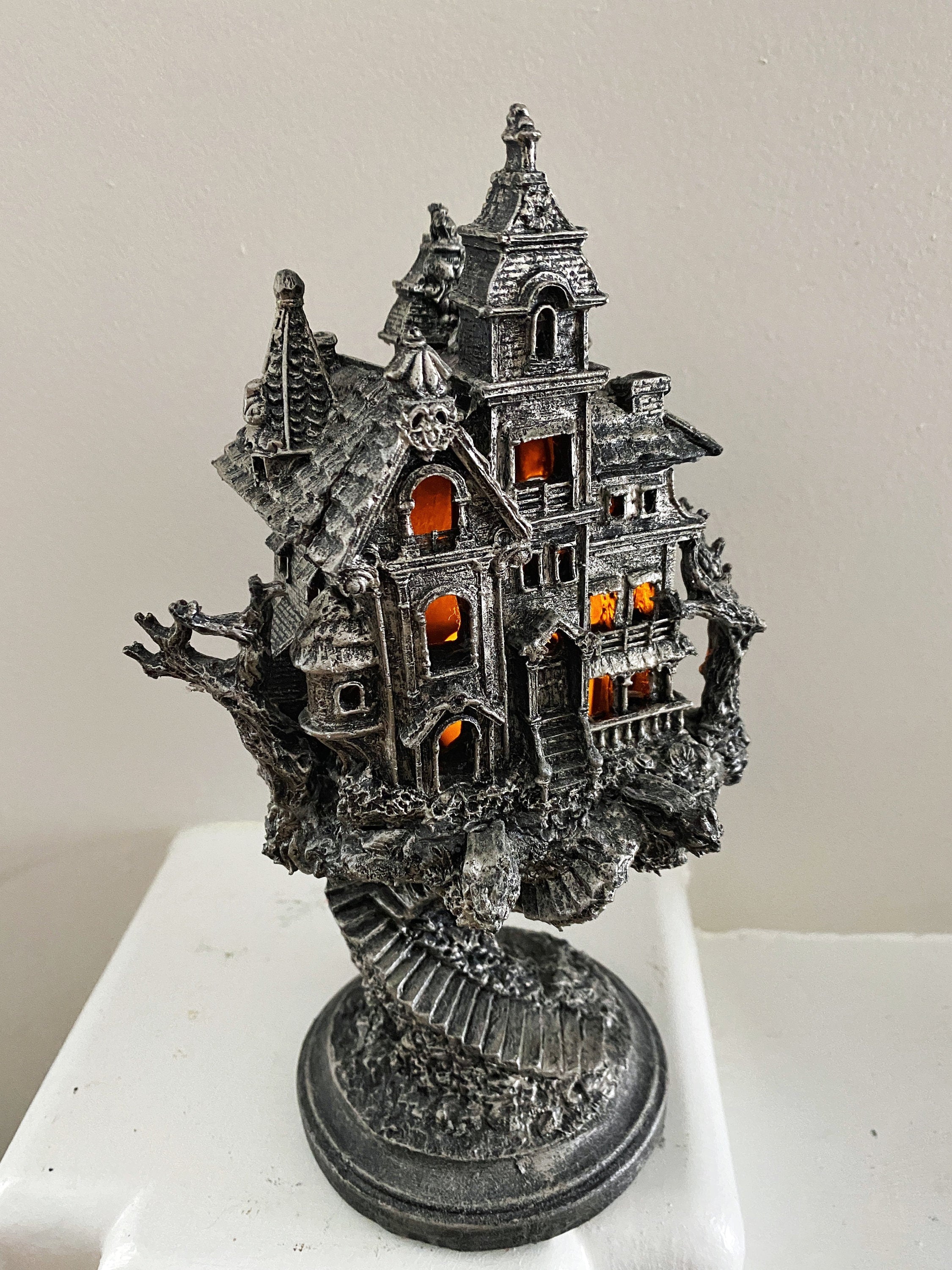 Haunted Mansion, Resin Sculpture with LED Tea Light | Victorian Gothic Haunted House Statue | 9” Gift for Gamers and Spooky Home Decor