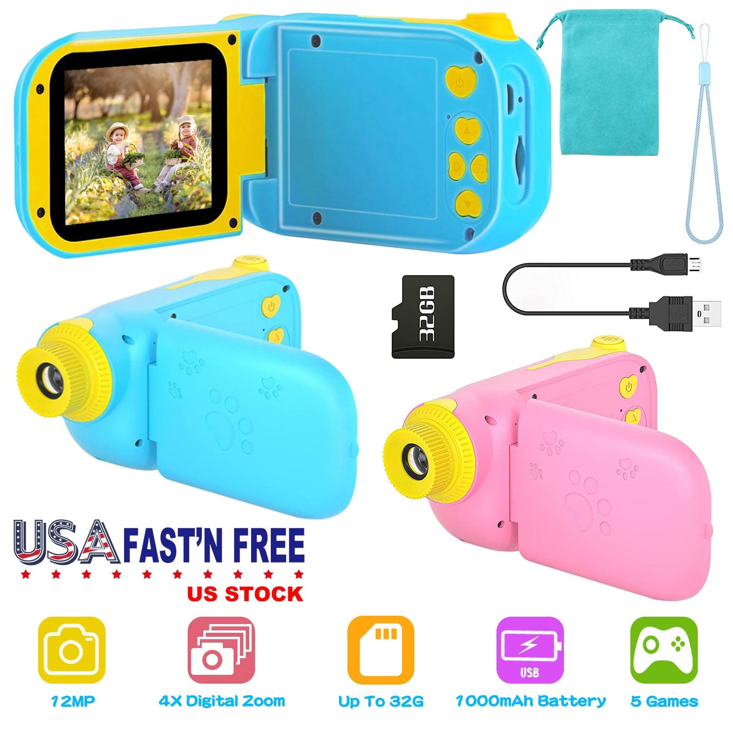 Kids Digital Camera Child Video Camera Children Camcorder Christmas Toy Birthday Gifts with 2.4in Screen 4X Digital Zoom 5 Games 32G MMC Card for 3-10