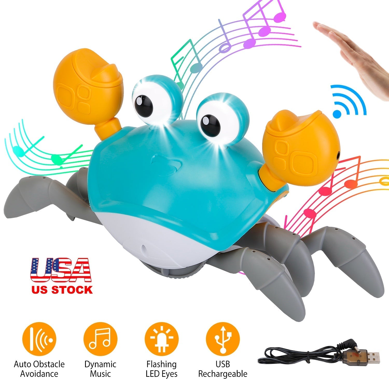 Crawling Crab Baby Toy with Music and LED Light for Kid Interactive Learning Toy Automatically Avoid Obstacles Walking Dancing Toy