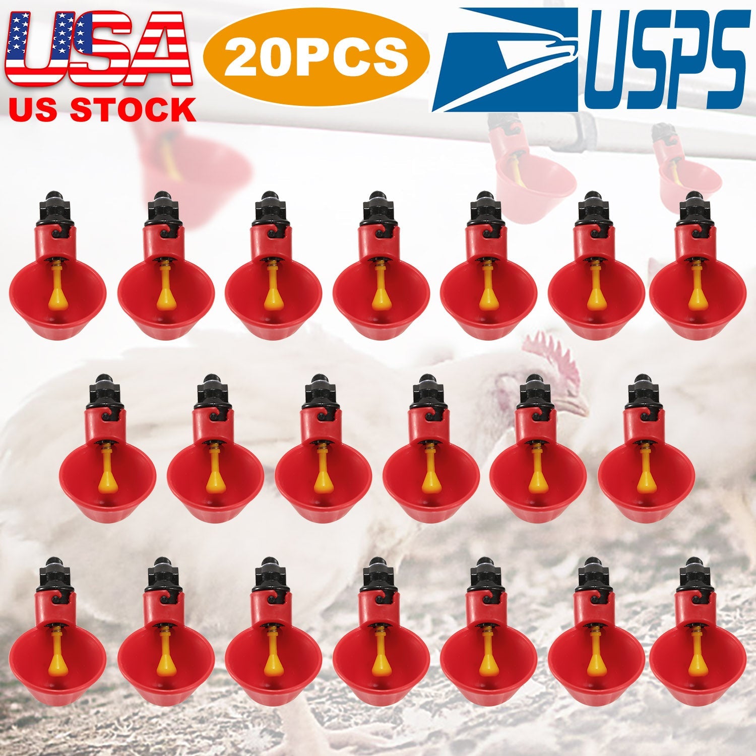20 Pack Chicken Waterer Automatic Poultry Waterer Chicken Drinker Cups w/Mounting Joint  for Chicken Poultry