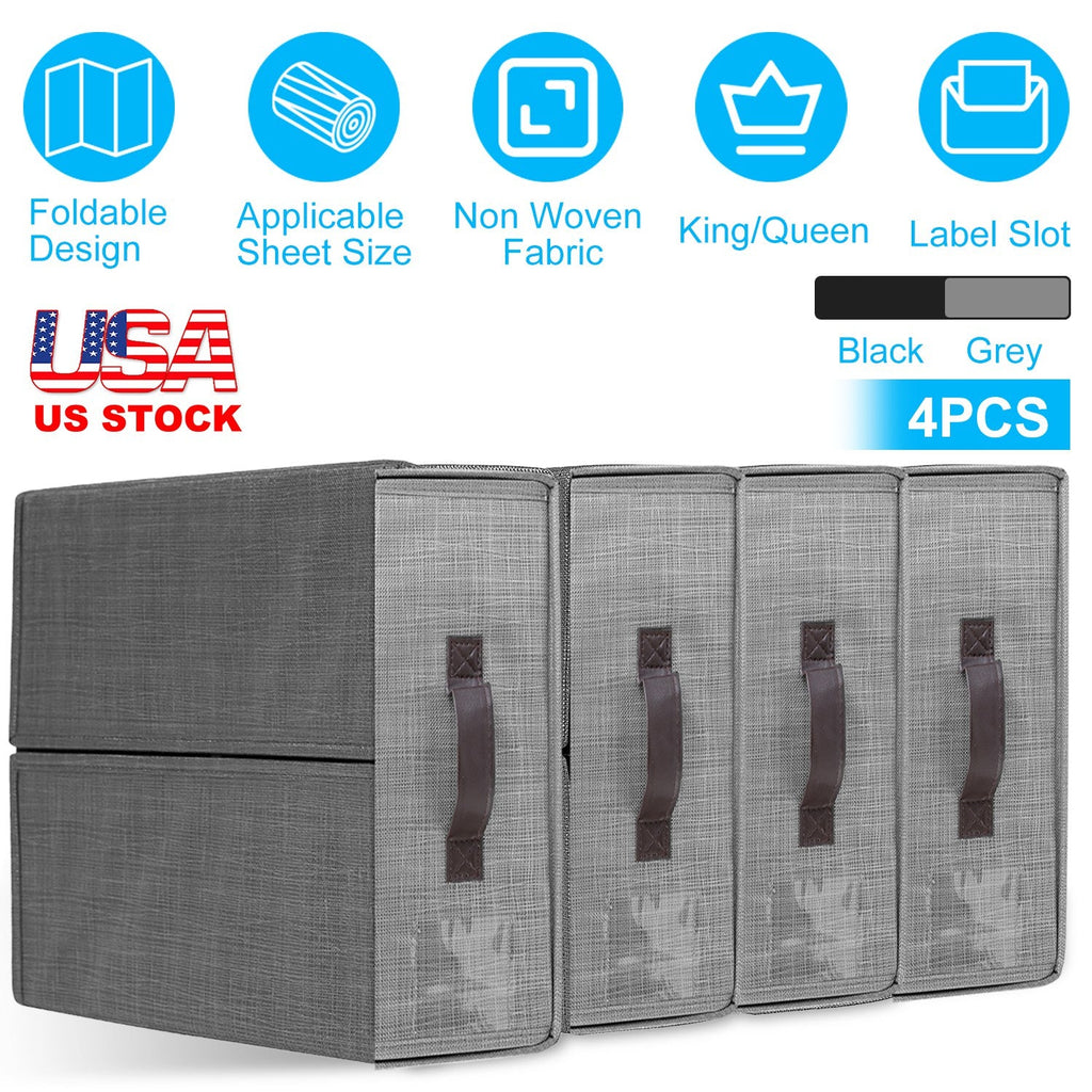 4Pcs Bed Sheet Set Organizers Foldable Bedsheets Storage Bins For Clothing Duvet Cover Pillowcase King Queen Bedsheet Closet Bedding Container With La
