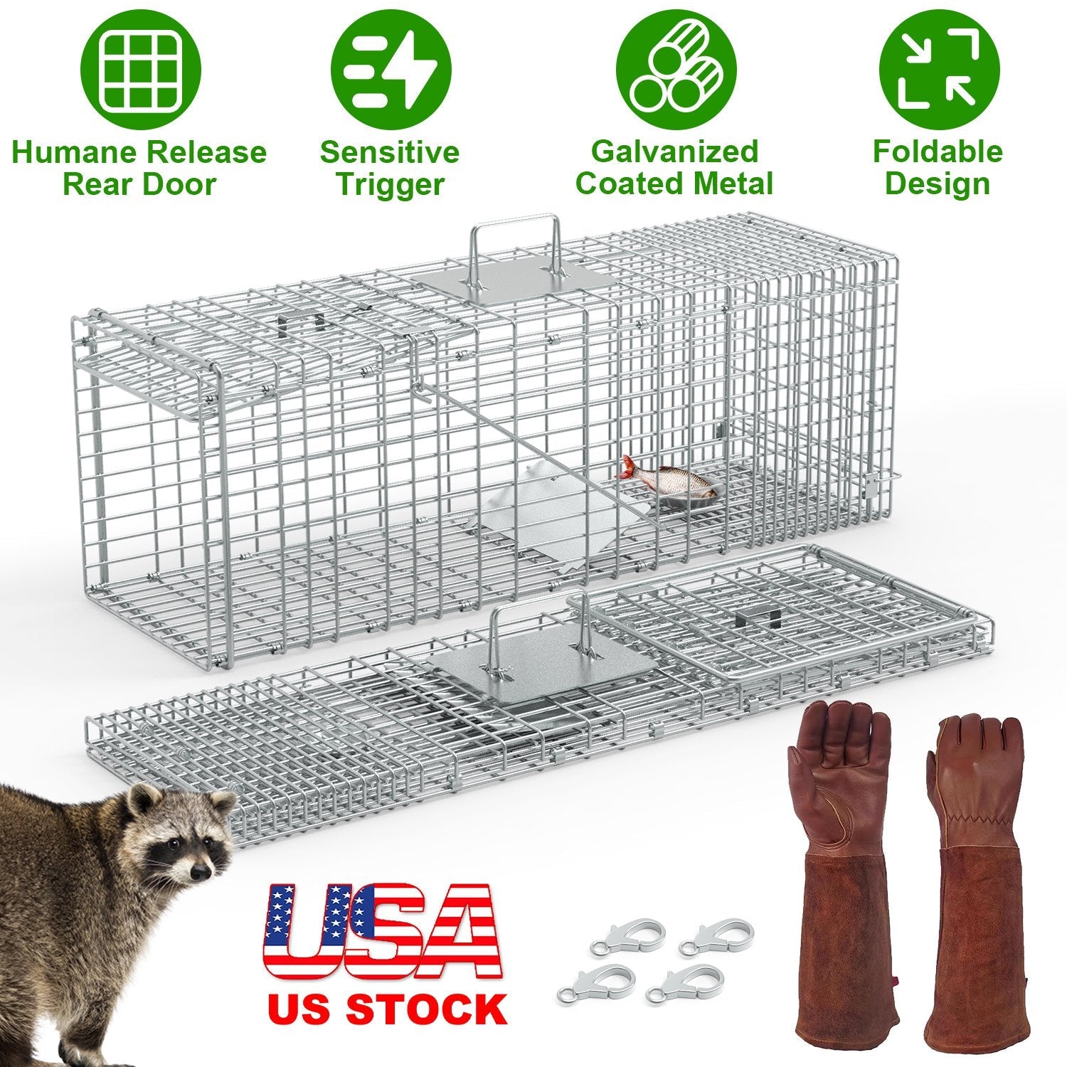 Humane Cat Trap Cage With Gloves Catch Release Live Animal Rodent Cage Collapsible Galvanized Wire for Raccoons Beavers Groundhogs Foxes Armadillos