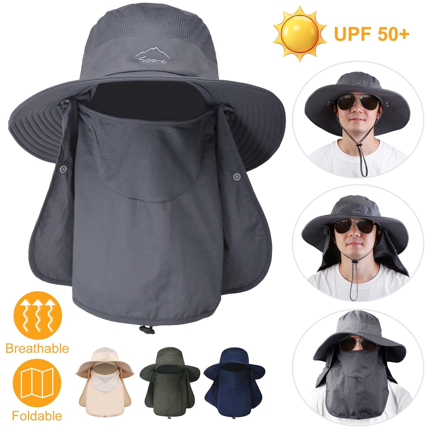 Fishing Bucket Hat Wide Brim Breathable Unisex Hat Sunlight-proof Removable Neck Face Fishing Cap For Fishing Hiking Traveling