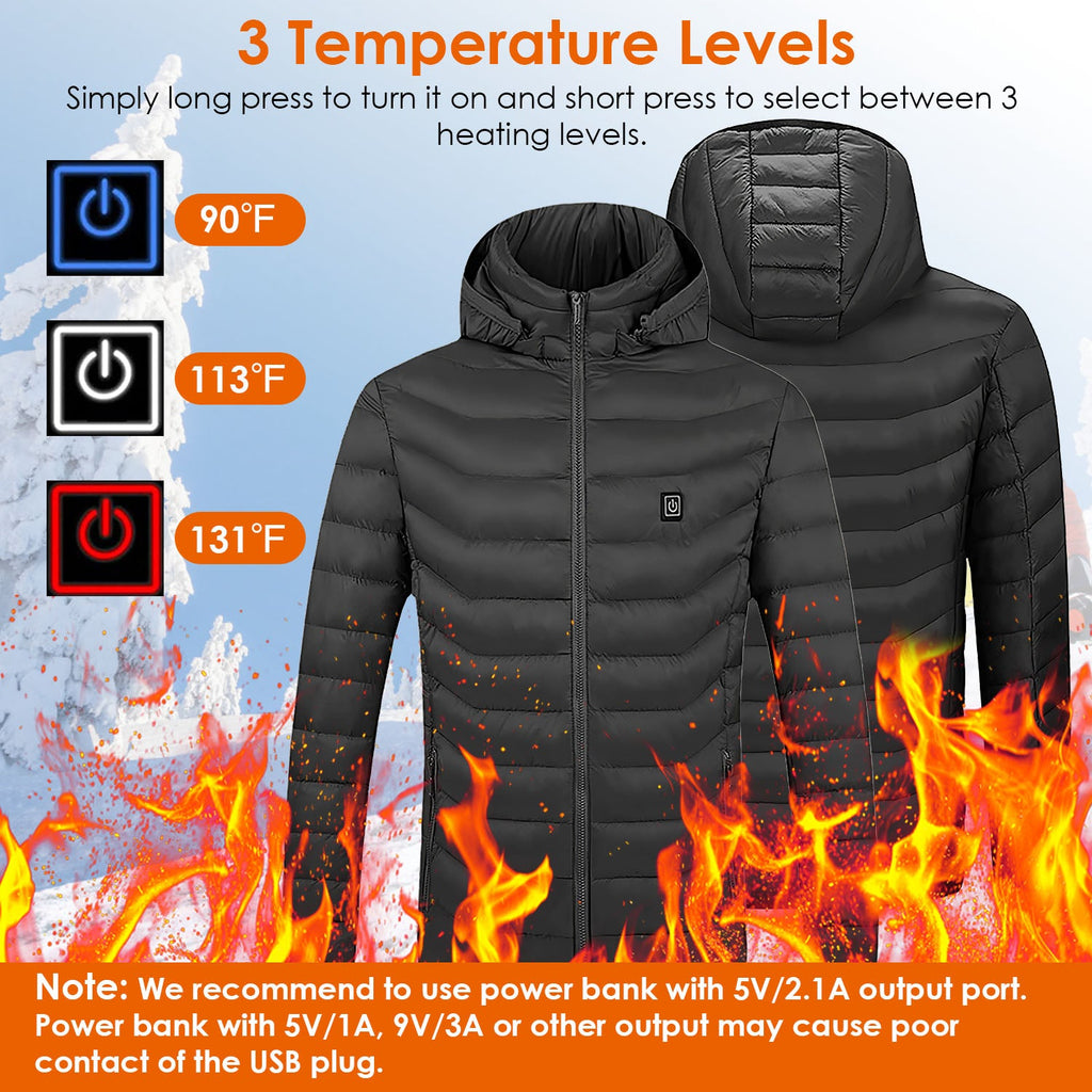 Heated Jacket Electric Heating Coat Lightweight Winter Hooded JacketÊwith 3-Level Heating Modes 8 Heating Zones Detachable Zipper Hood