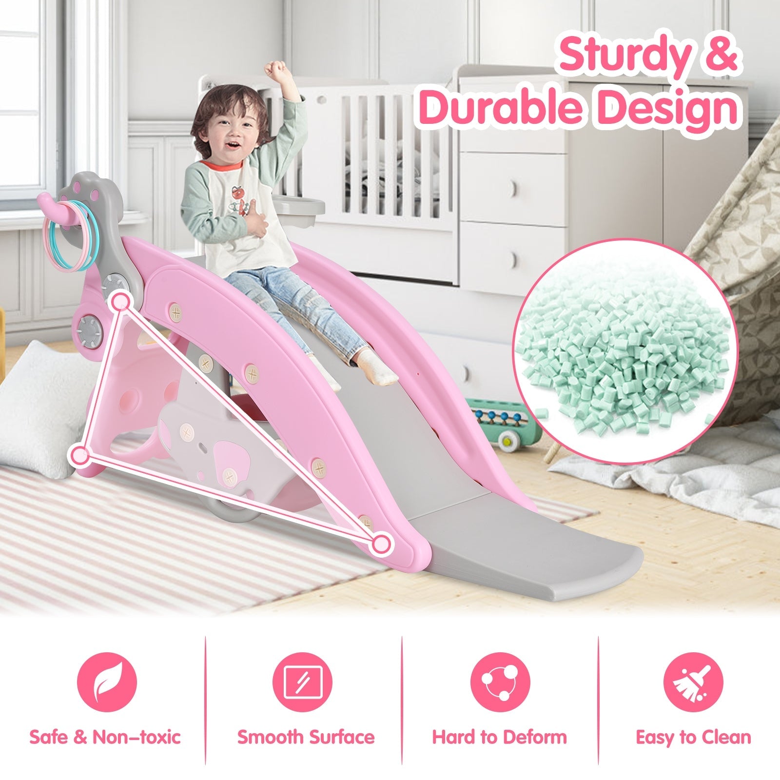 4-in-1 Toddler Slide and Rocking Horse Playset with Basketball Hoop-Pink
