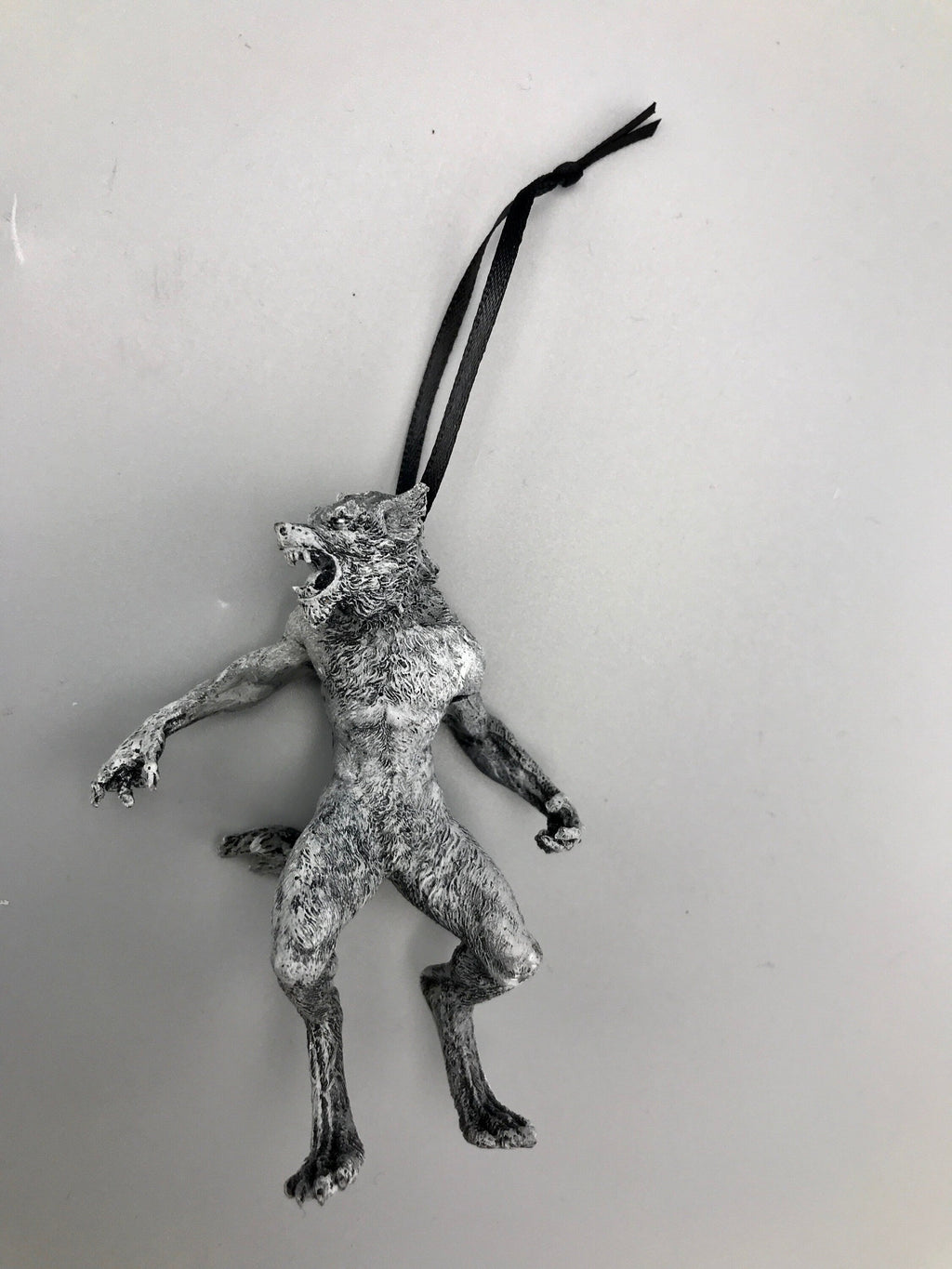 Werewolf Ornament, Grayscale, Hand Painted Resin Sculpture | Gothic Halloween Legendary Monster | Dark Folklore for Spooky Holiday Ornament