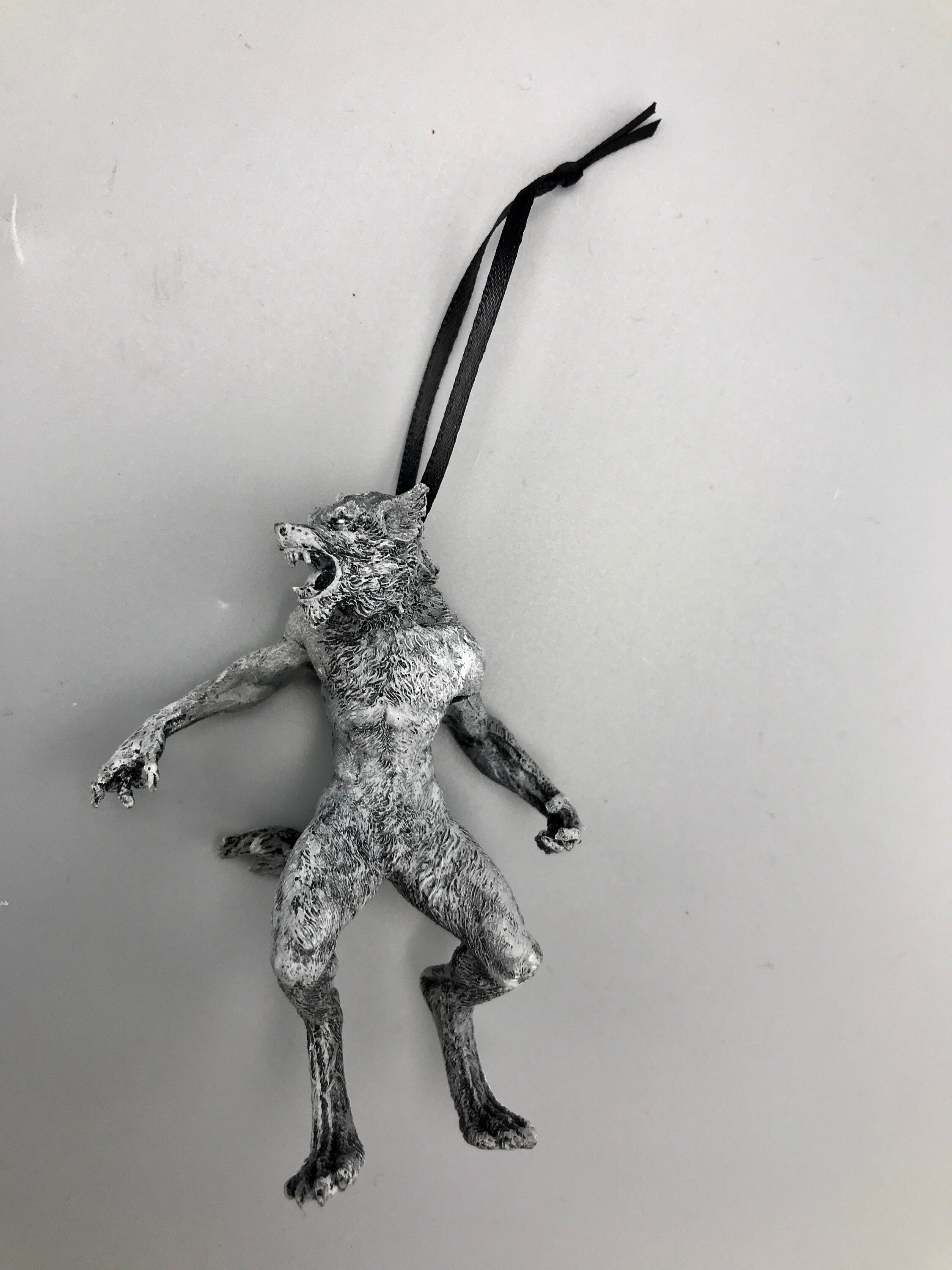 Werewolf Ornament, Grayscale, Hand Painted Resin Sculpture | Gothic Halloween Legendary Monster | Dark Folklore for Spooky Holiday Ornament
