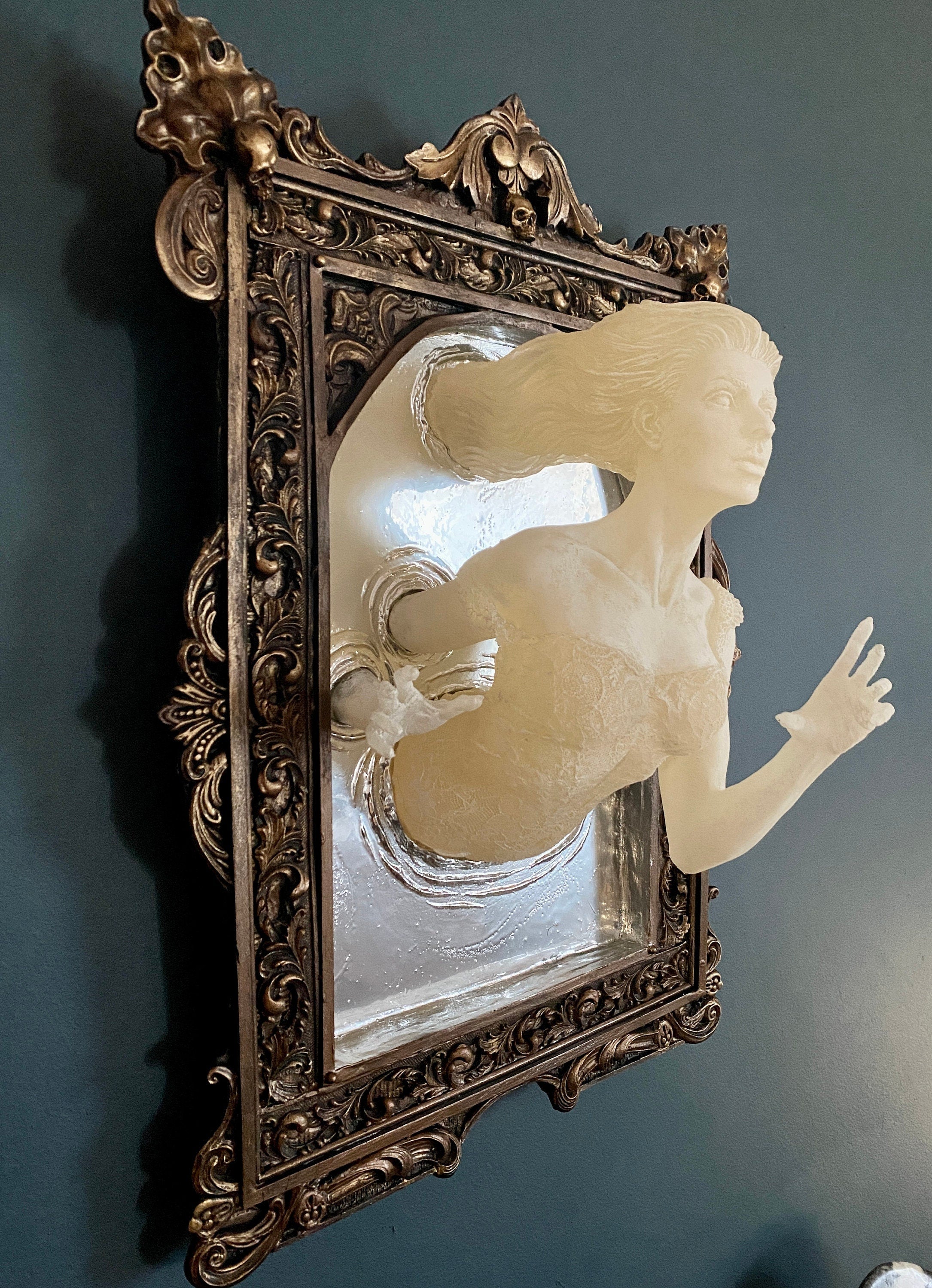 Ghost in the Mirror Wall Plaque, Glow in the Dark, XL Version | Victorian Gothic Haunted Wall Art | Gift for Halloween and Spooky Home Decor