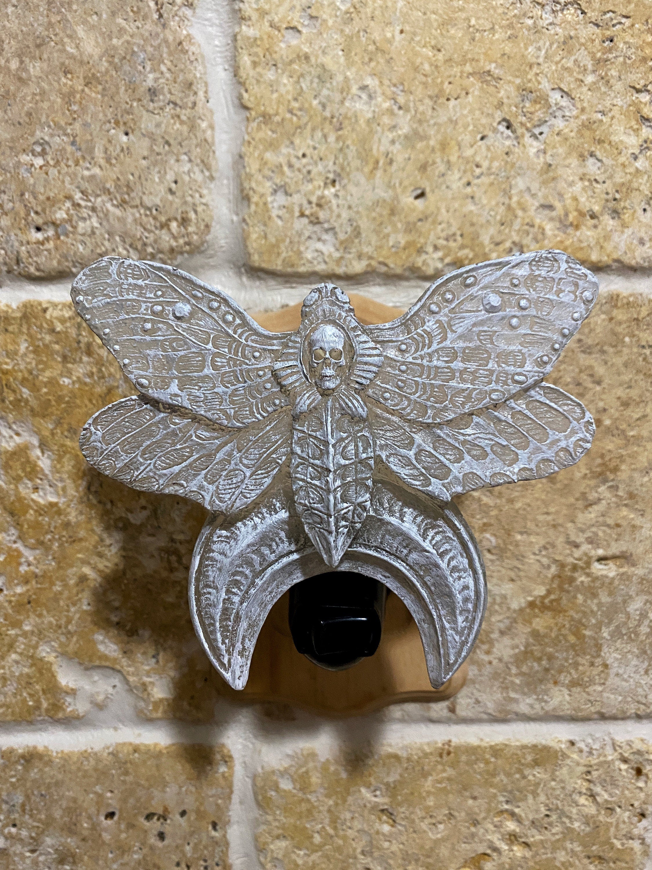 Death's Head Moth Nightlight, Hand Painted Resin Sculpture | Witchy Gothic Night Light |  Moth and Moon Light for Gothic Fantasy Home Decor