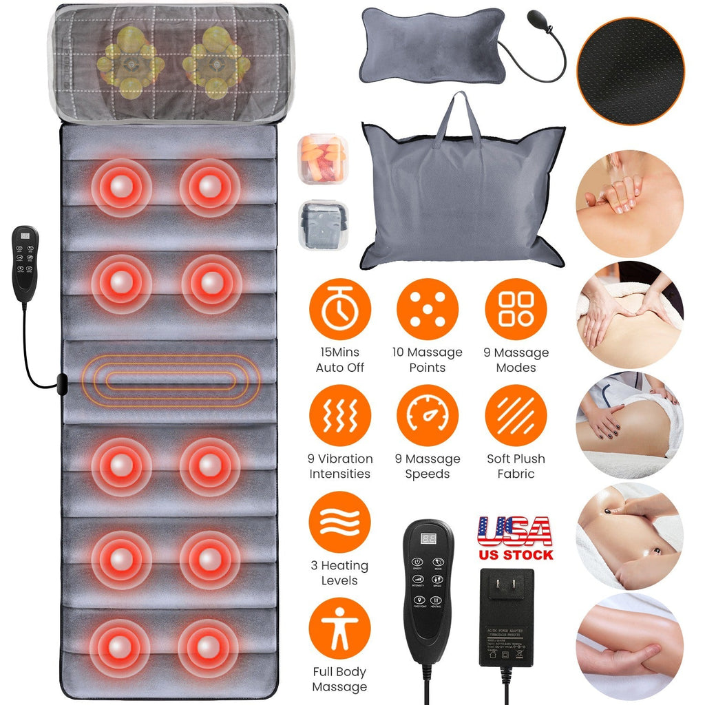 Full Body Electric Massage Mat with Heat Vibration Massage Pad Cushion Back Massage Mattress Chair Pad with Neck Massage Pillow with 10 Vibration Moto