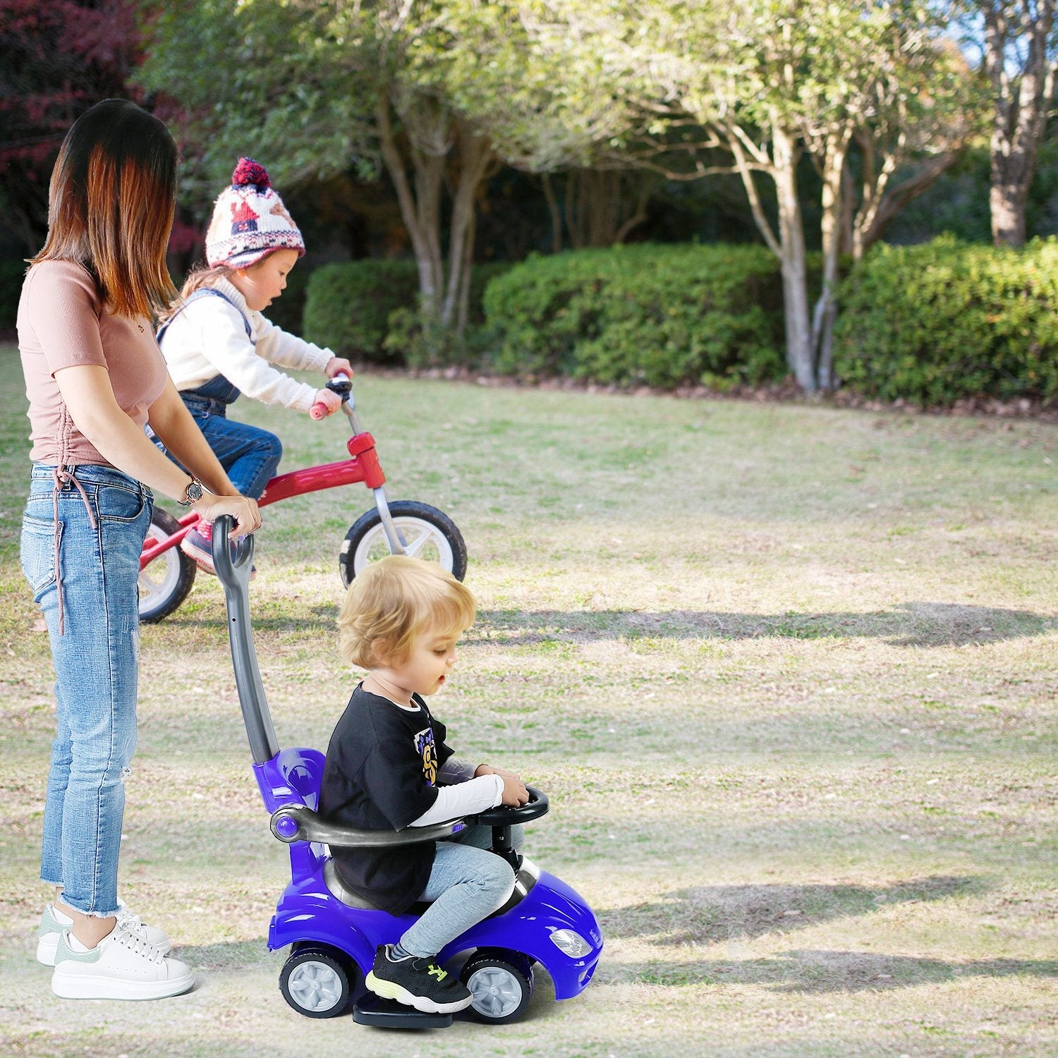 Ride on Push Car 4-Wheel Children Sliding Push Car W/ Colorful Flashing Light Music Handrail Guardrail Push Rod