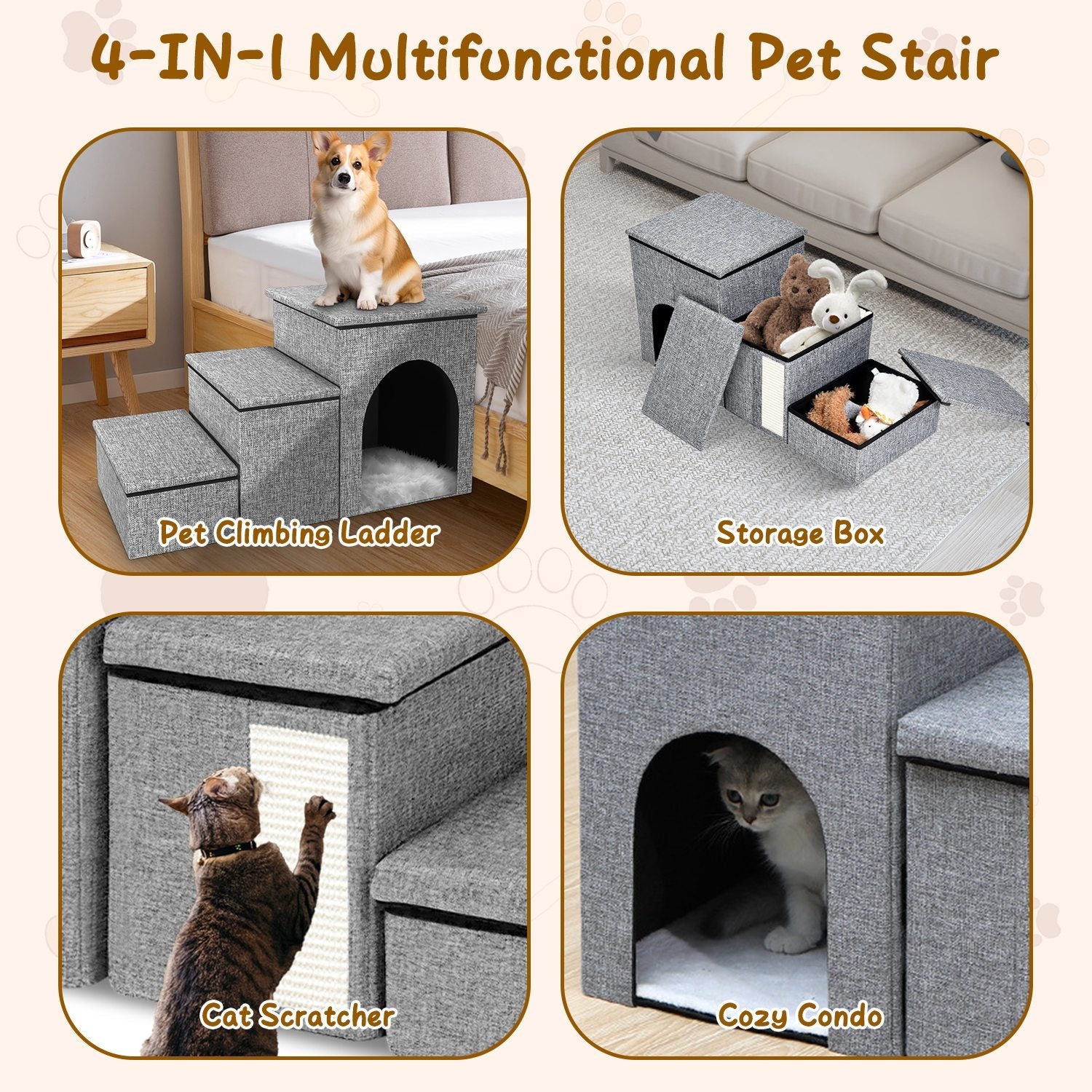 3 Step Pet Stair 4-IN-1 Foldable Dog Ramp Non-Slip Cat Storage Ladder with Scratcher Storage and Pet House for Old Pet Small/Medium Dog/Cat 165LBS Max
