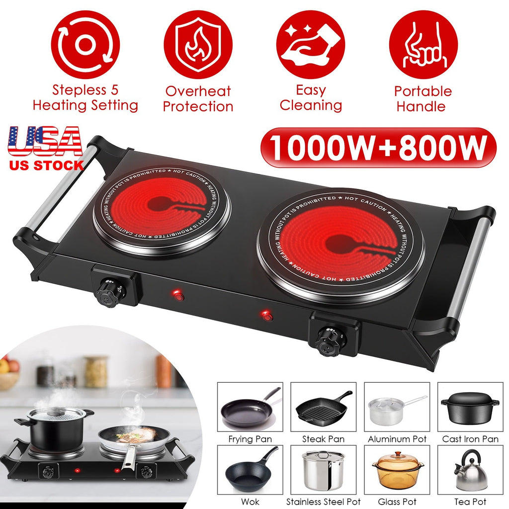 1800W Electric Double Burner Portable Heating Hot Plate Stove Countertop RV Hotplate with 5 Temperature Stepless Adjustments Portable Handles