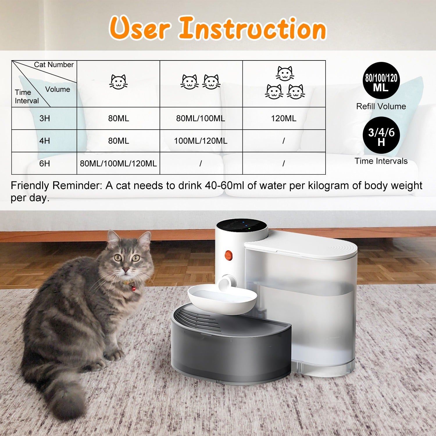 Smart Pet Water Fountain Automatic Cat Water Dispenser 3L/101OZ Cordless Rechargeable Dog Water Fountain Self-Refill with 3 Adjustable Volume 3 Time I