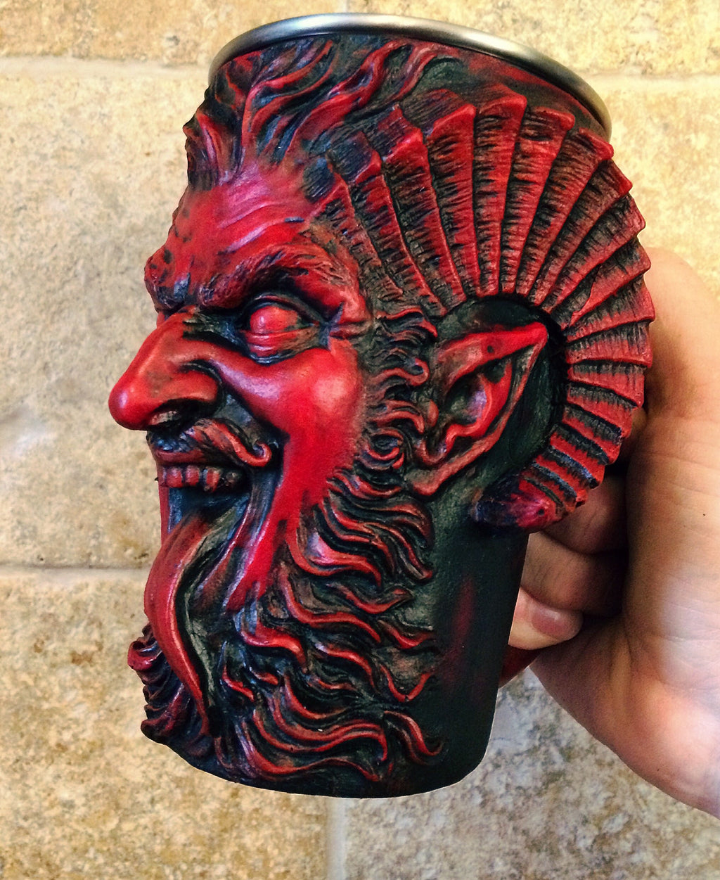 Krampus Mug, Red Finish | Hand Sculpted Resin Art Mug with Steel Liner | Unique Krampus Gift Cup and Gothic Home Decor