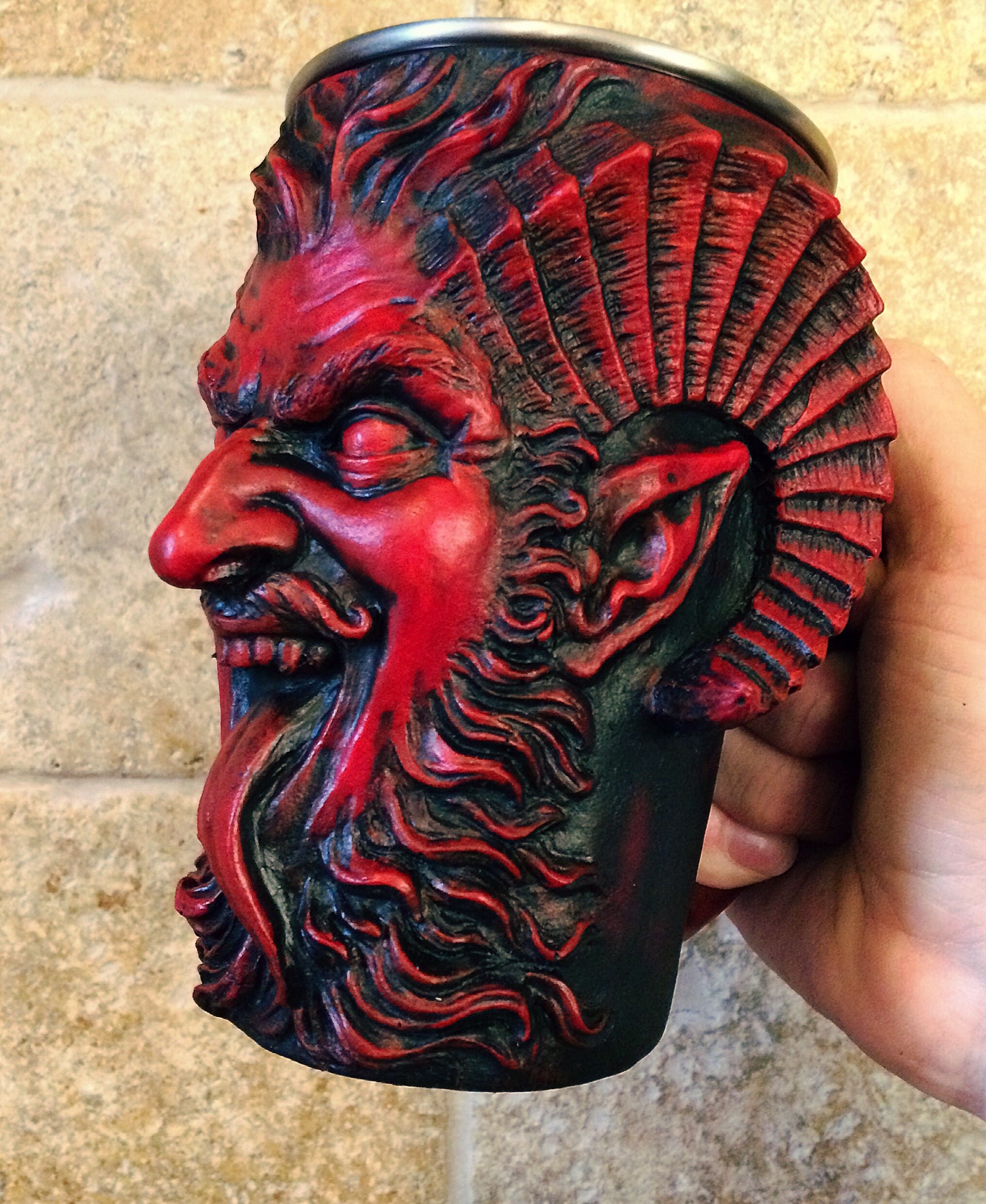 Krampus Mug, Red Finish | Hand Sculpted Resin Art Mug with Steel Liner | Unique Krampus Gift Cup and Gothic Home Decor