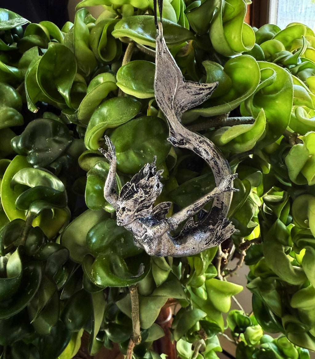 Mermaid Ornament, Hand Painted Resin Sculpture, Pewter Finish| Mythical Creature Figurine|Unique Legendary Mermaid Fantasy Art Holiday Decor