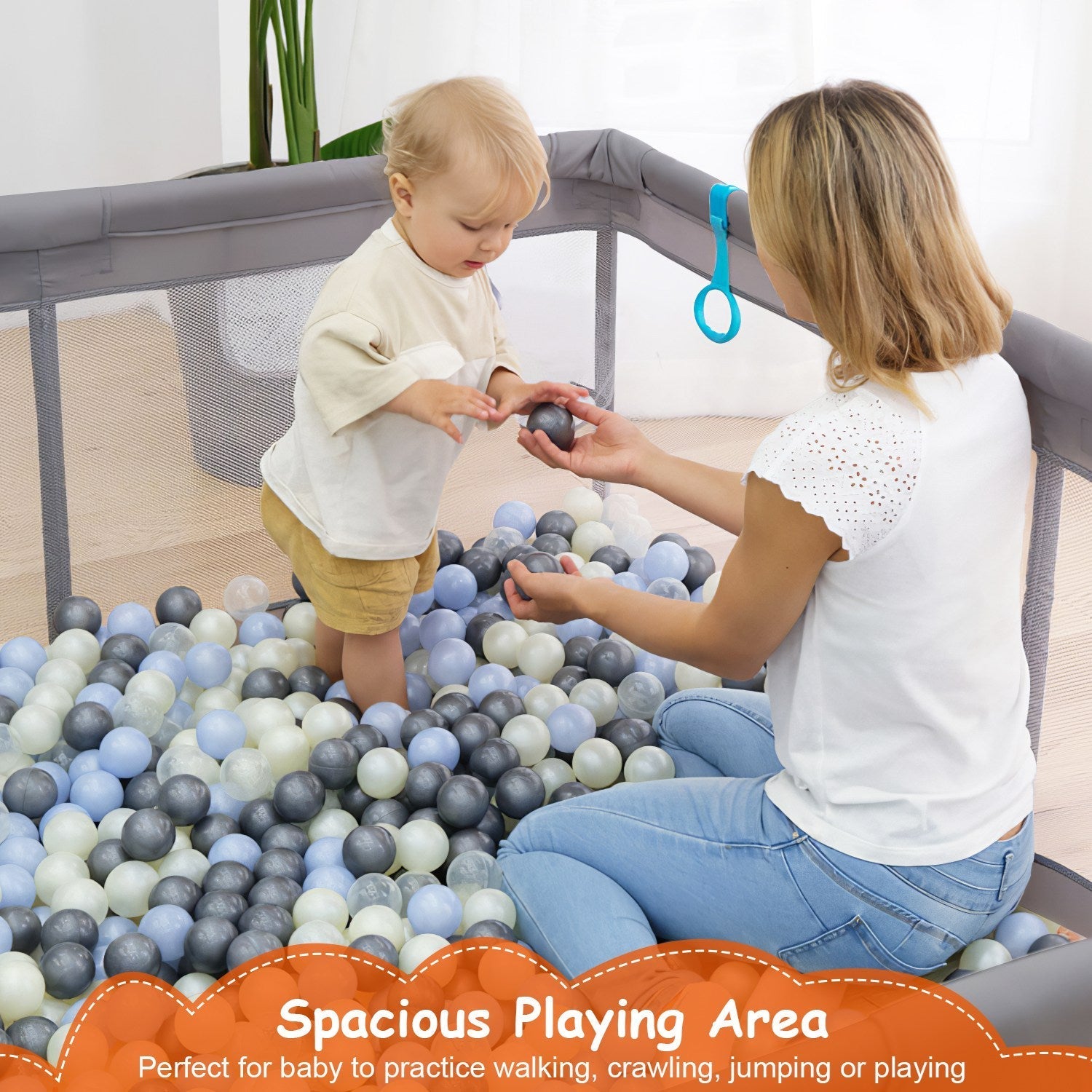 Baby Play Yard 50x50x24in Infant Play Game Child Fence Play Yards Breathable Kids Activity Center with Anti-Slip Suction Base 2 Zipper Doors for Infan