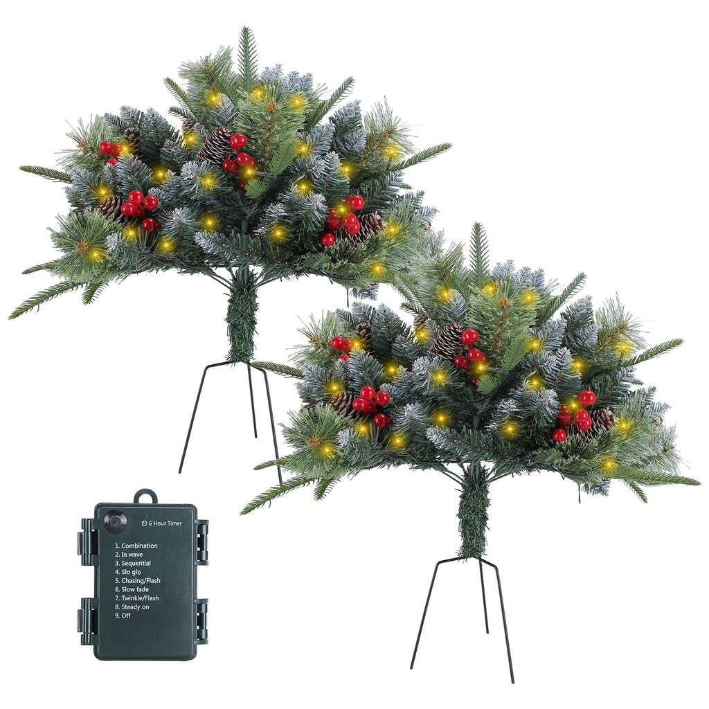 2Pcs Christmas Tree Urn Filler With Light Artificial Lighted Xmas Trees Light with Cones Berries Holiday Planter Filler LED Pathway Pine Tree IP44 Wat