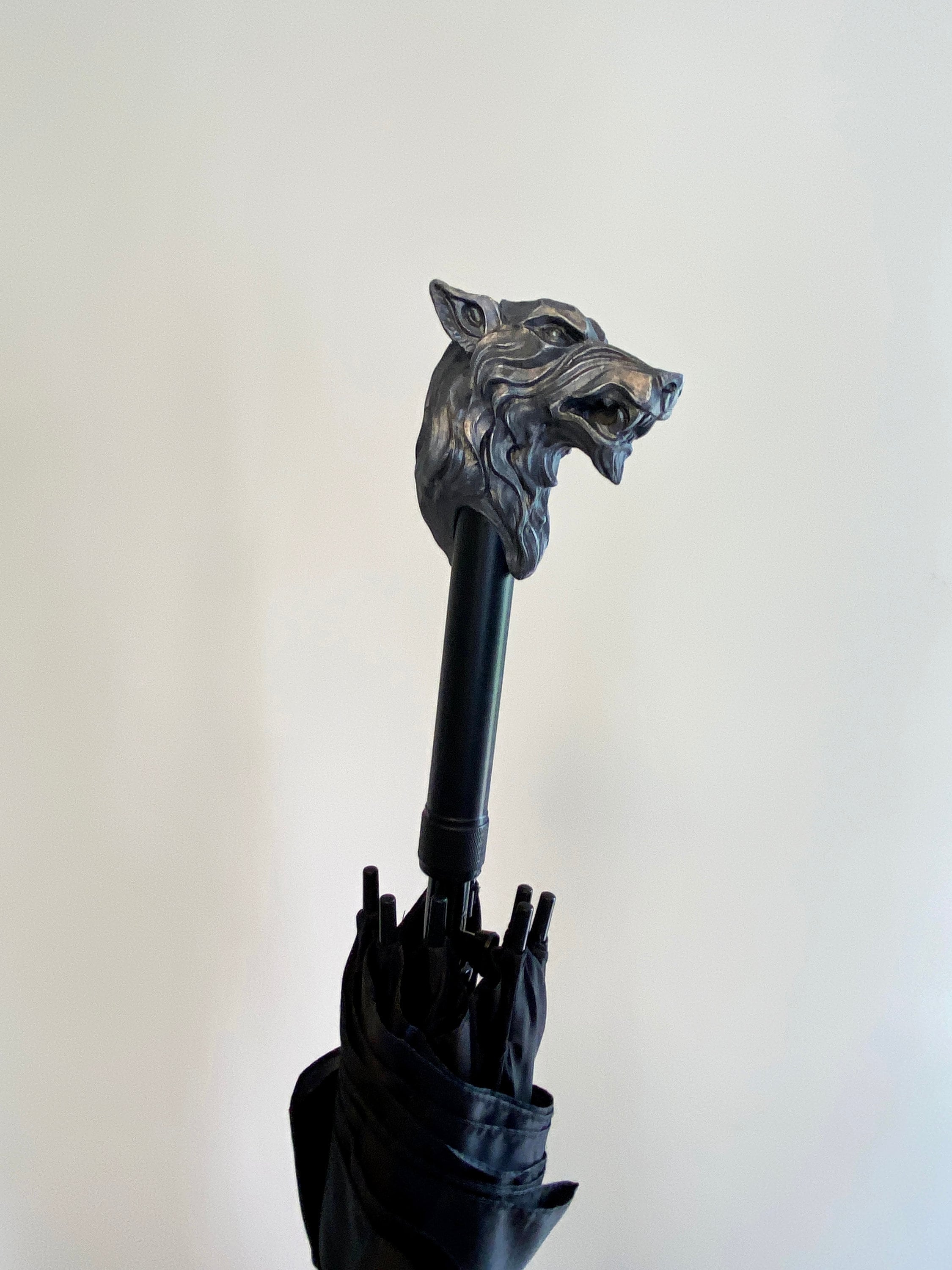 Wolf Head Umbrella, Hand Sculpted Resin | Medieval Gothic Umbrella | Fantasy Cosplay Direwolf Umbrella Cane, Gothic Accessory
