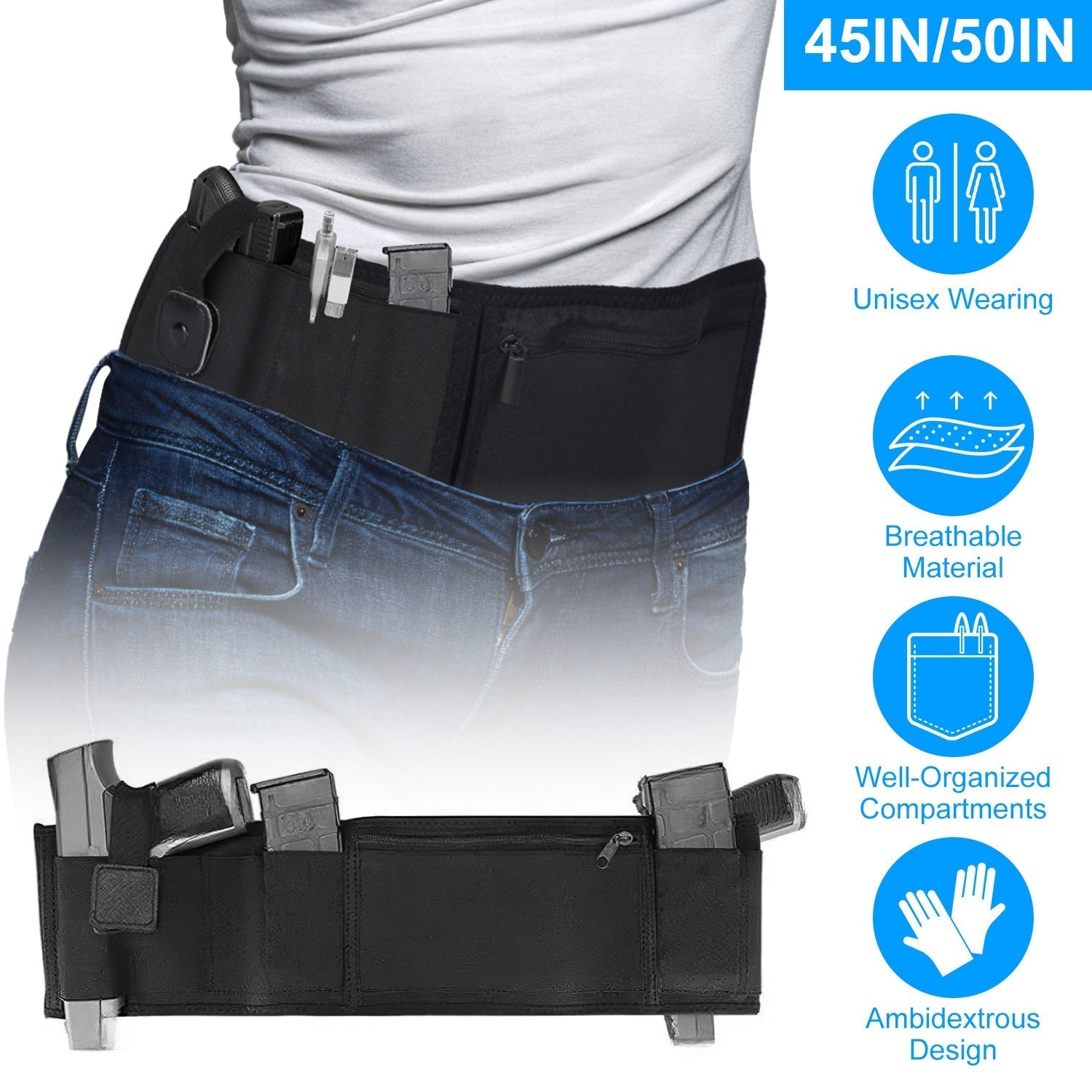 Belly Band Holster For Concealed Carry Unisex Waistband Holster For Man Woman Right Left Hand Draw Fit For Smith and Wesson, Shield, Glock 19, 17, 42,