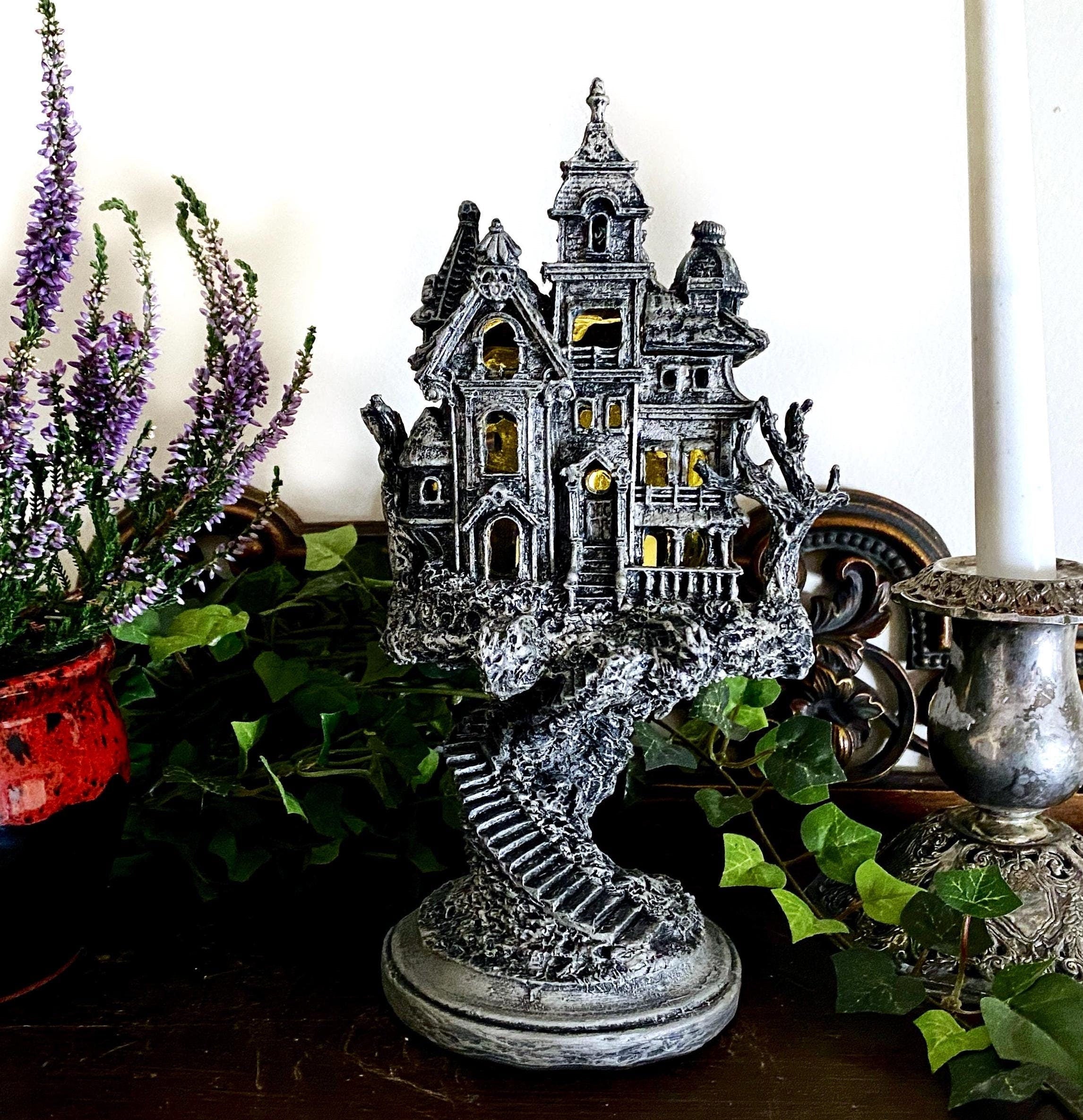 Haunted Mansion, Resin Sculpture with LED Tea Light | Victorian Gothic Haunted House Statue | 9” Gift for Gamers and Spooky Home Decor