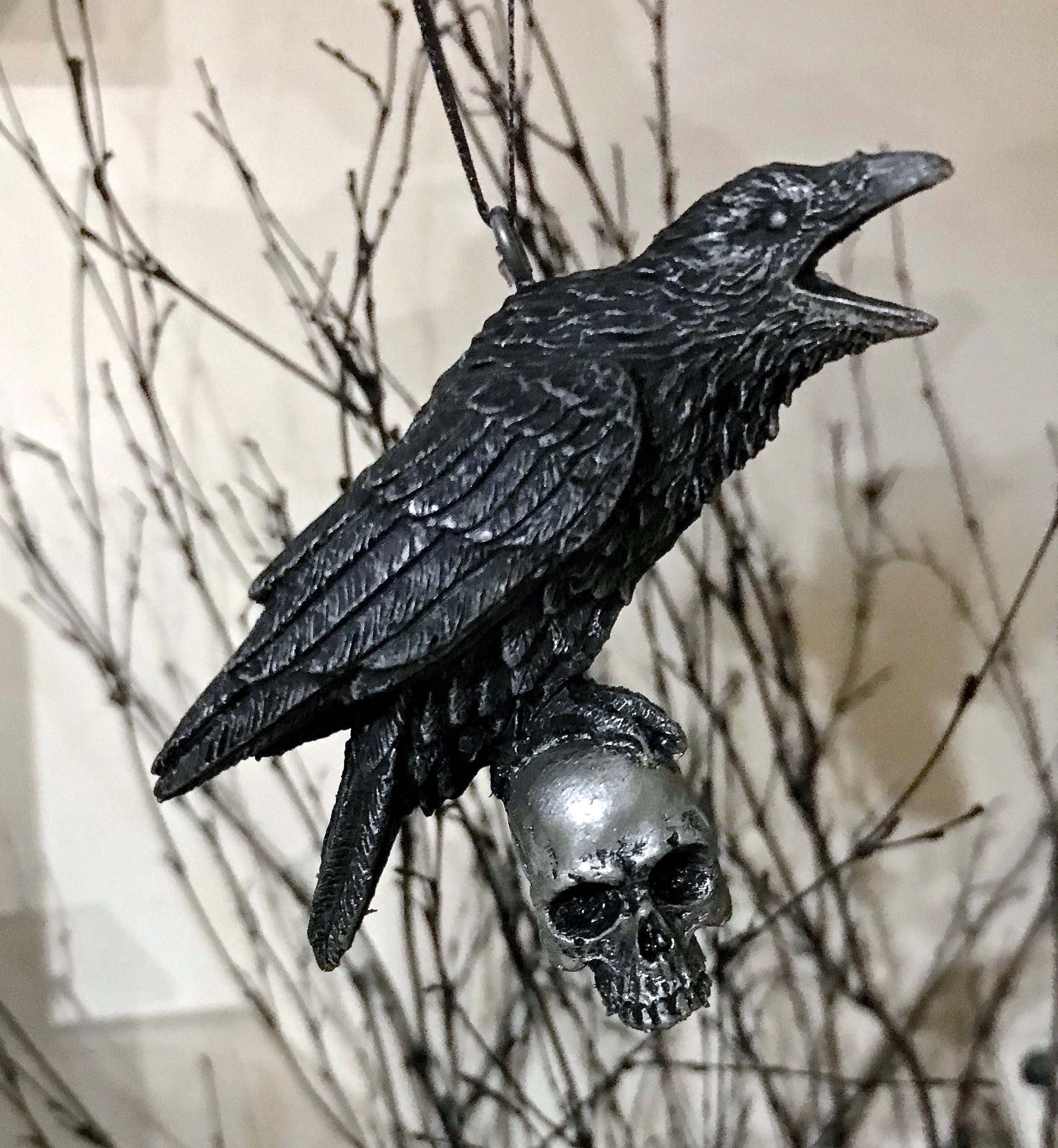 Raven Perched on Skull Ornament | Unique Gothic Home Decor | Resin Sculpture Poe's Raven, Literary Ornament Gift and Gothic Holiday Decor