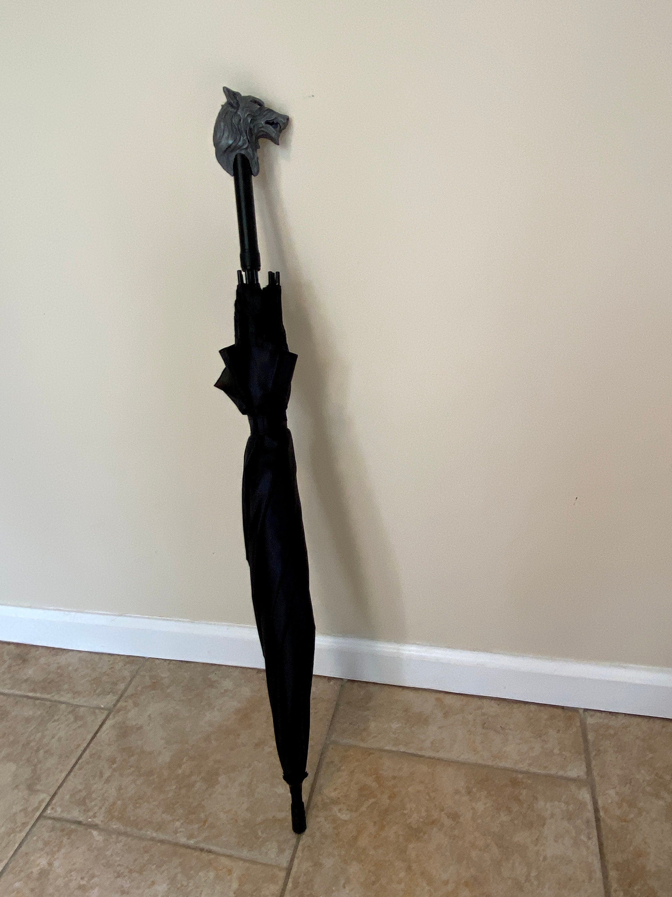 Wolf Head Umbrella, Hand Sculpted Resin | Medieval Gothic Umbrella | Fantasy Cosplay Direwolf Umbrella Cane, Gothic Accessory