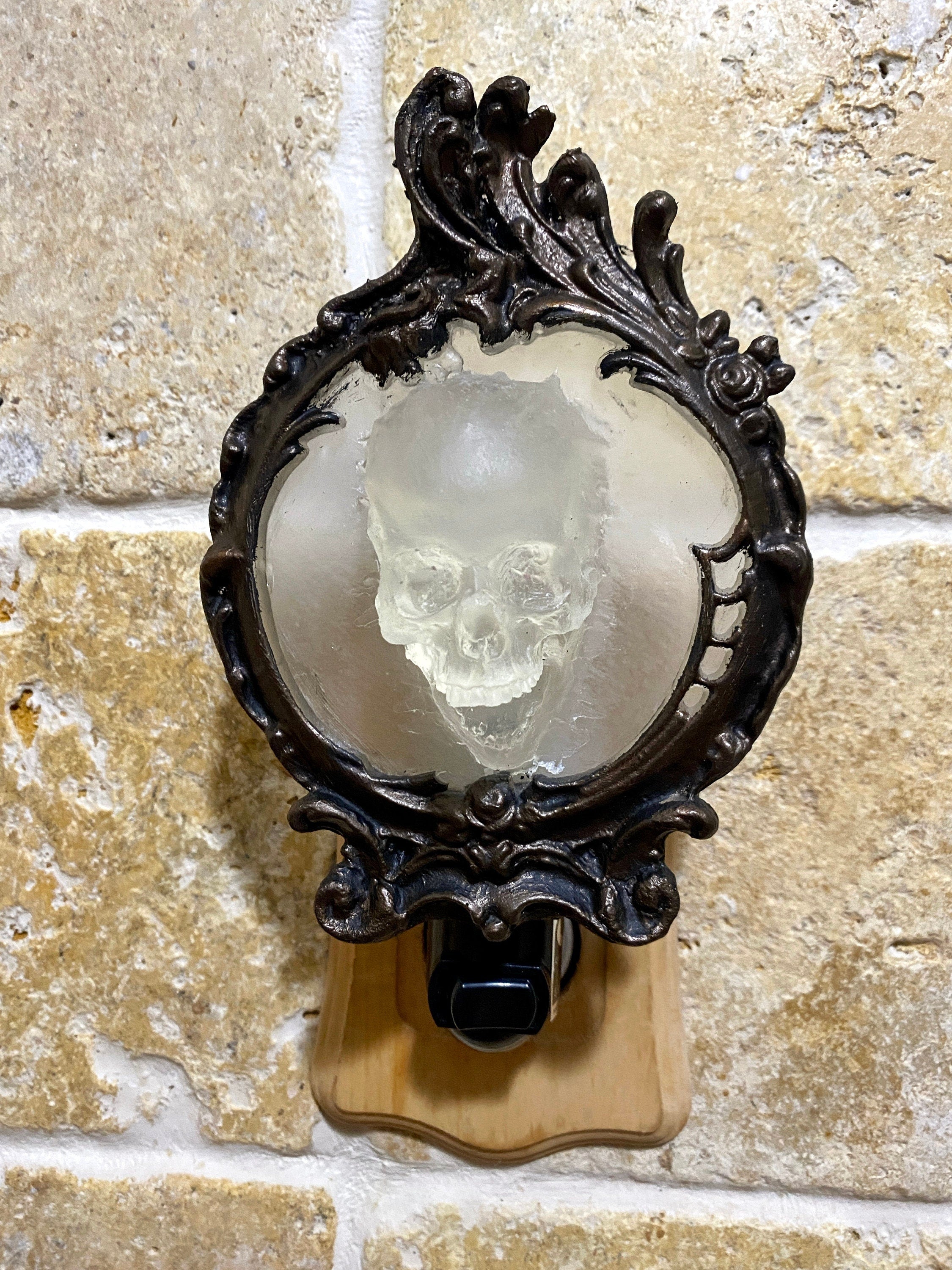 Spectral Skull Nightlight, Hand Painted Resin Sculpture | Victorian Gothic Night Light |  Ghost Skull Lighting for Gothic Fantasy Home Decor