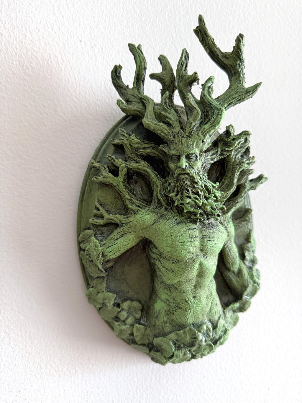 Green Man/ Cernunnos Wall Plaque, Hand Painted Resin Sculpture | Mythic Forest Creature Wall Art |Woodland Ent Wall Plaque for Nature Lovers