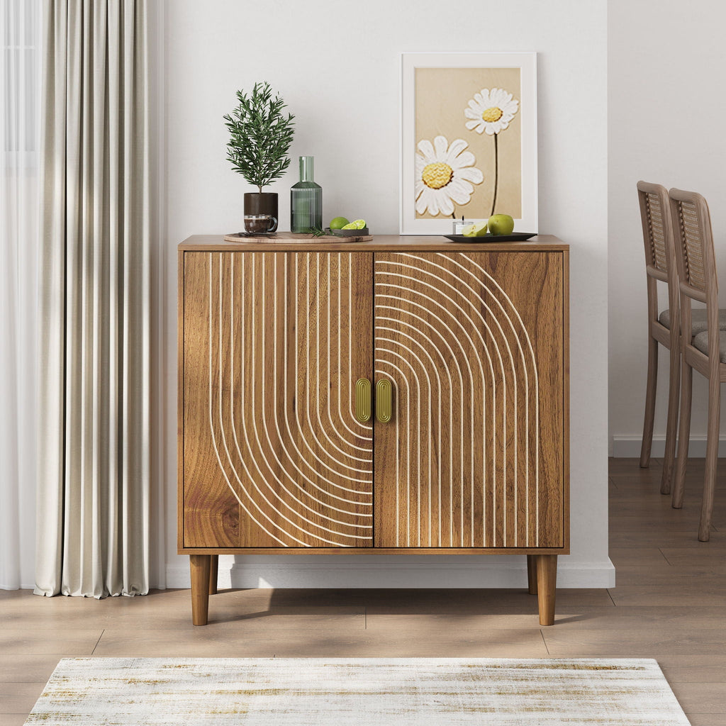 Buffet Cabinet With Line Groove Design, Sideboard Buffet Cabinet With Storage, Multifunctional Accent Cabinet For Living Room, Entryway, Hallway, Office, Kitchen - Brown
