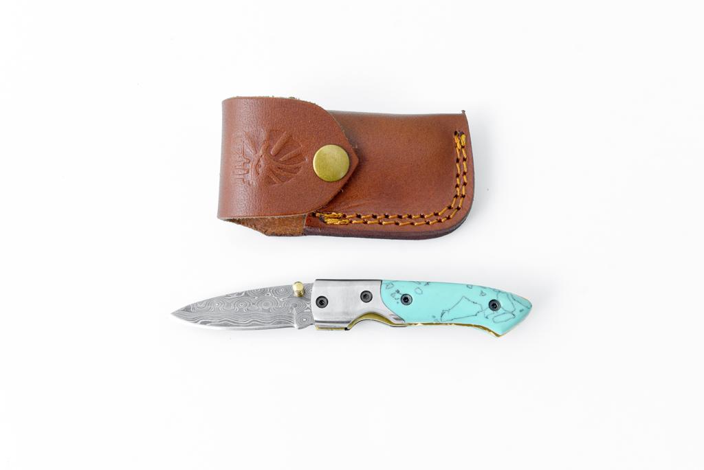 AzureGlide Damascus Steel Turquoise (Resin) Pocket Knife - TF-038