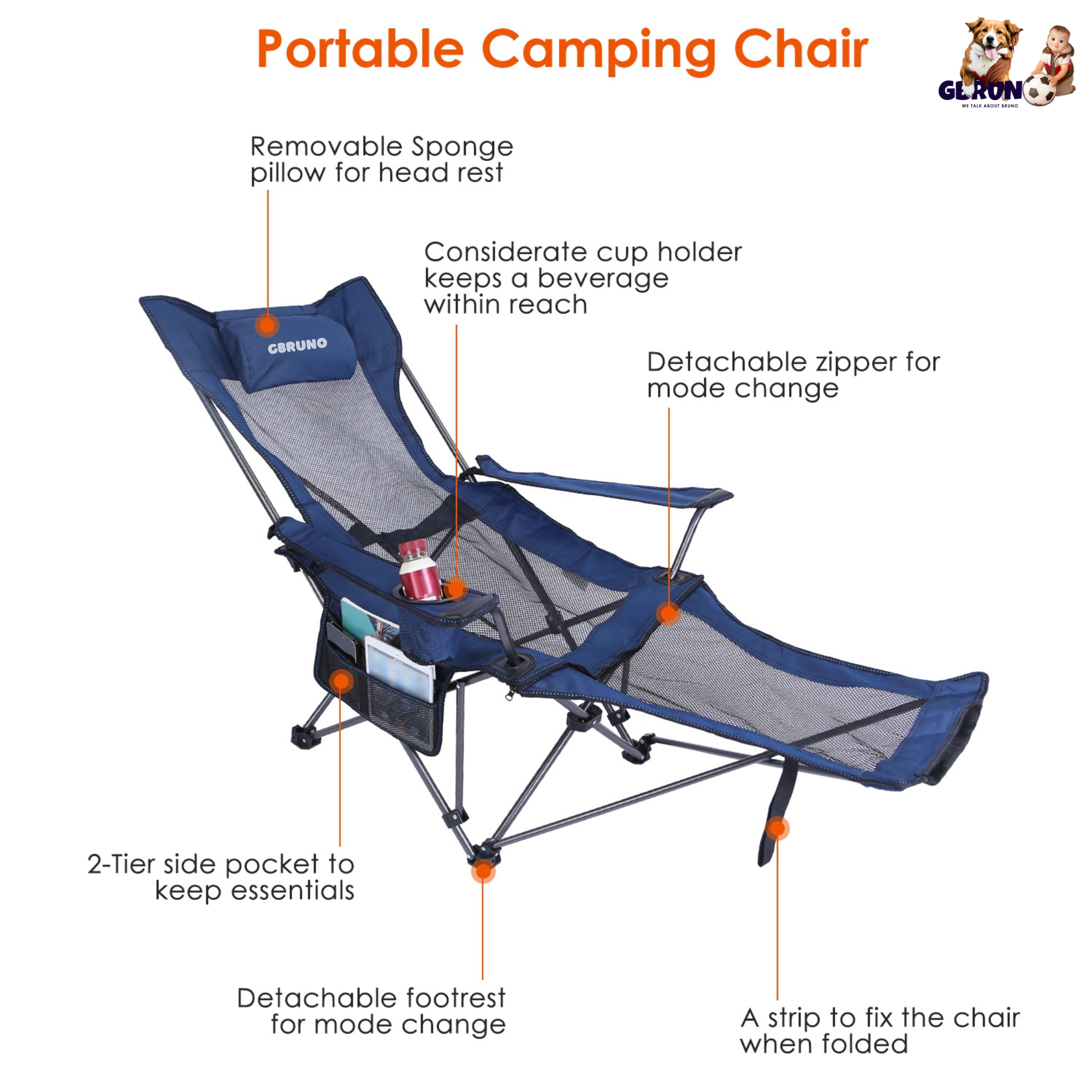 Foldable Camping Chair with Reclining Backrest & Carry Bag