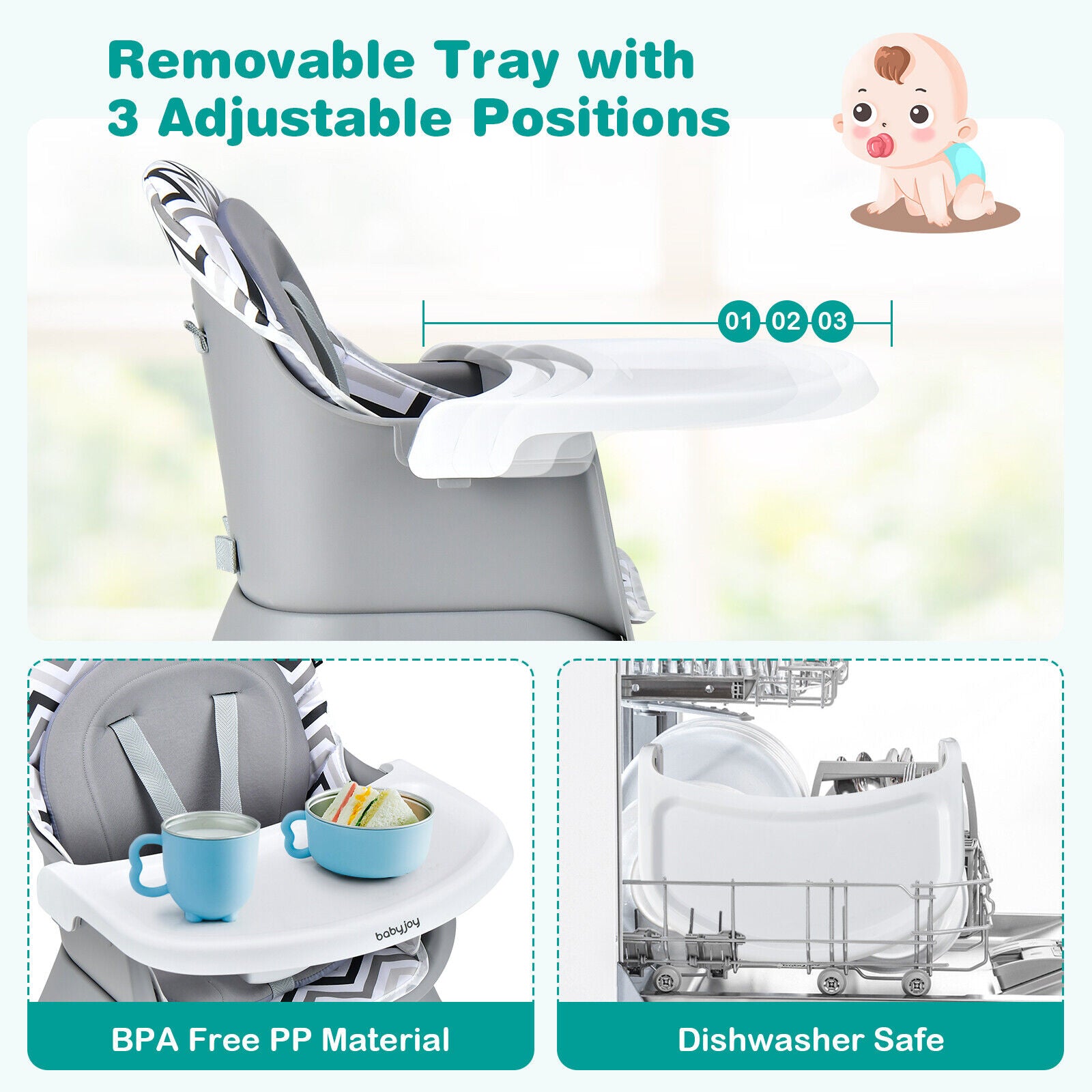 6-in-1 Convertible Baby High Chair with Adjustable Removable Tray-Gray and White