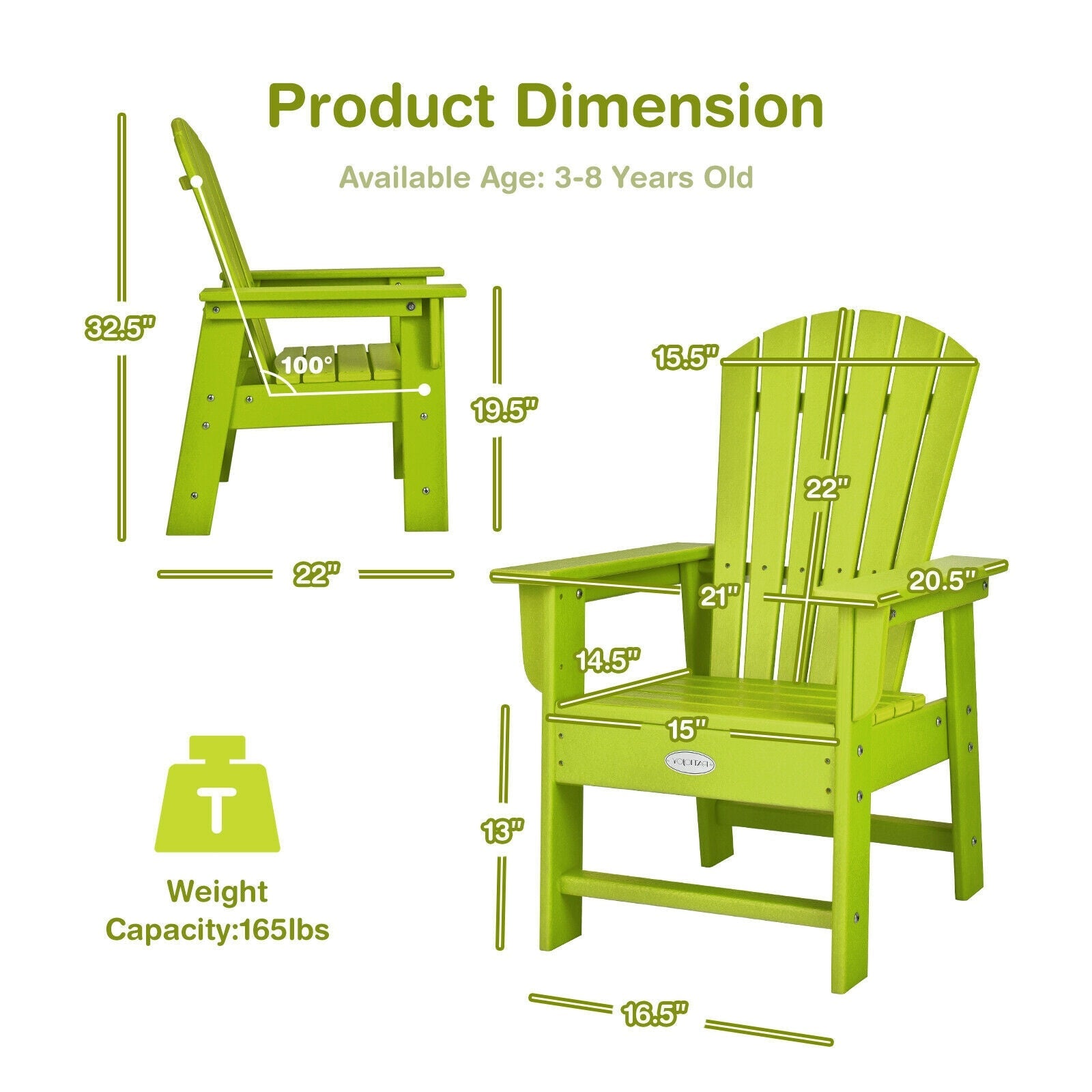 Patio Kids' Adirondack Chair with Ergonomic Backrest-Green