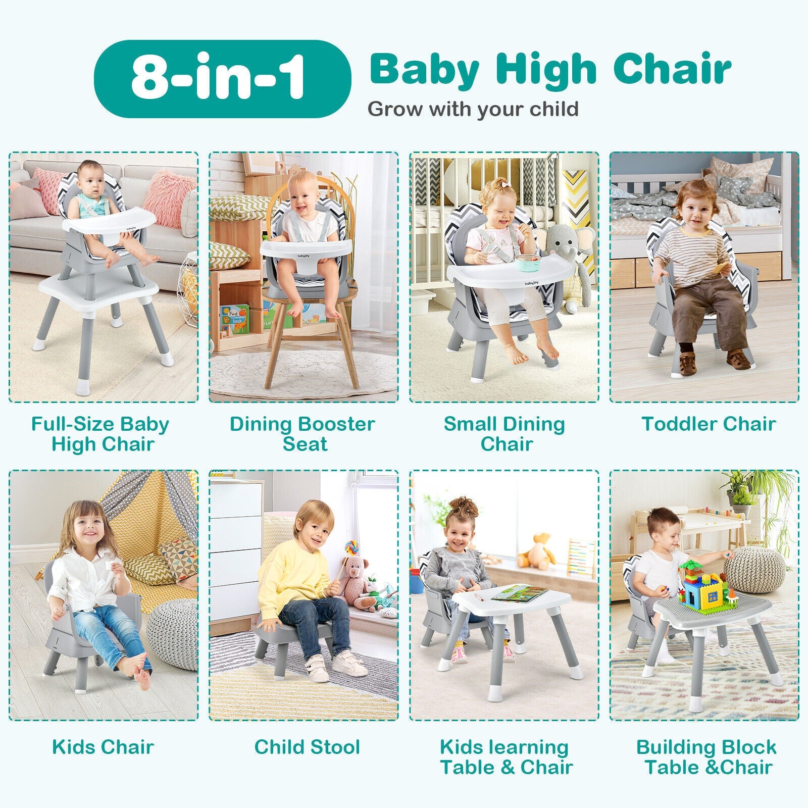 6-in-1 Convertible Baby High Chair with Adjustable Removable Tray-Gray and White