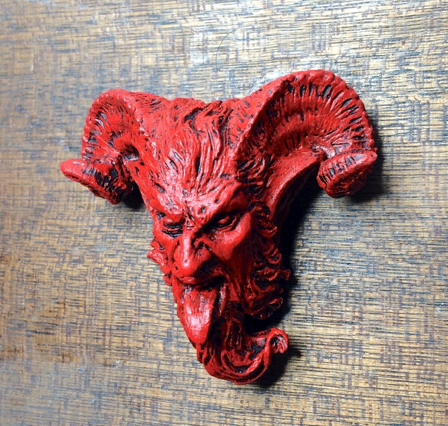 Krampus Magnet, Version 3, Hand Painted Resin Sculpture | Mythic Fantasy Decor | Krampus Head Magnet for Dark Fantasy and Gothic Decor