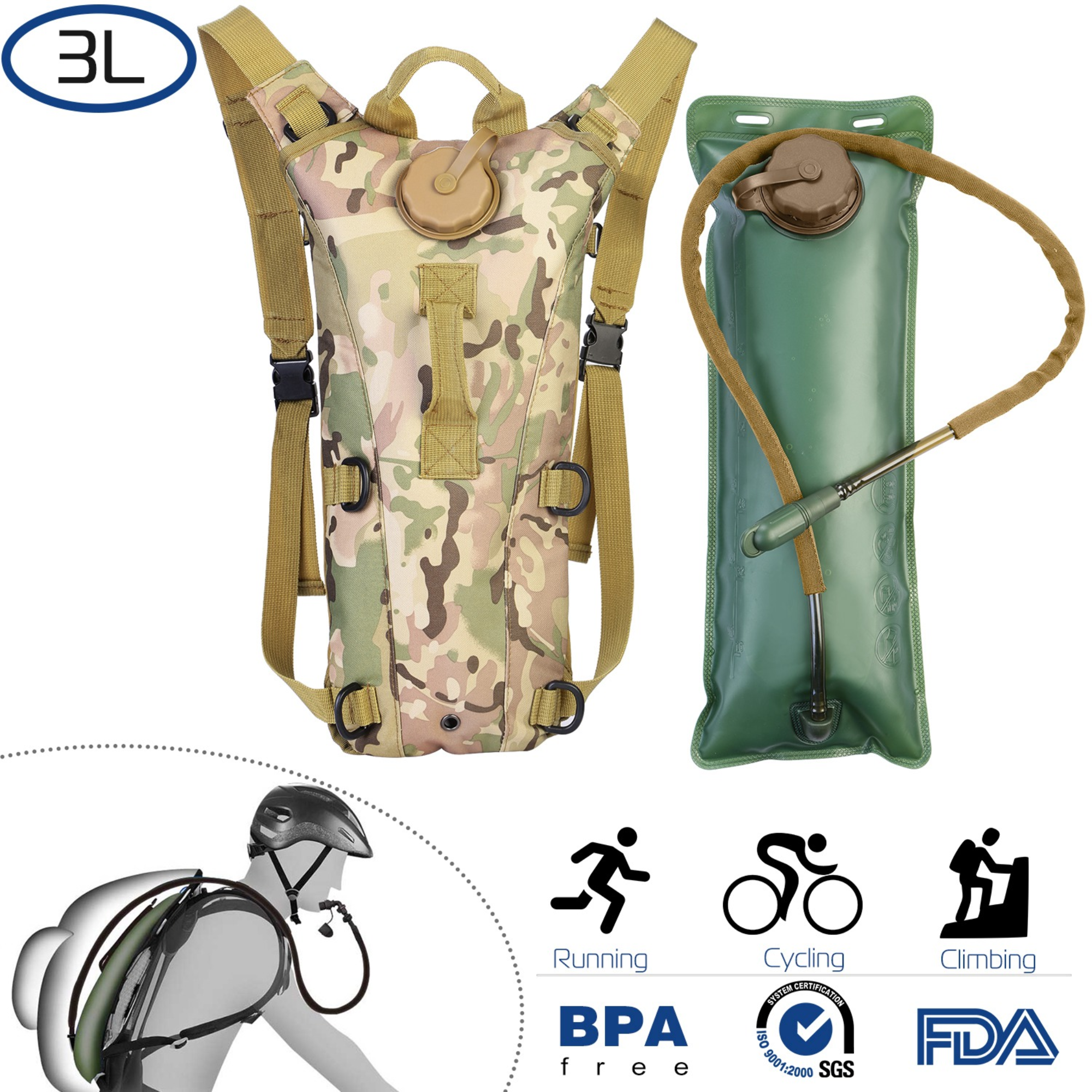iMounTEK Tactical Hydration Pack 3L Water Bladder Adjustable Water Drink Backpack for Hiking Cycling Climbing Running