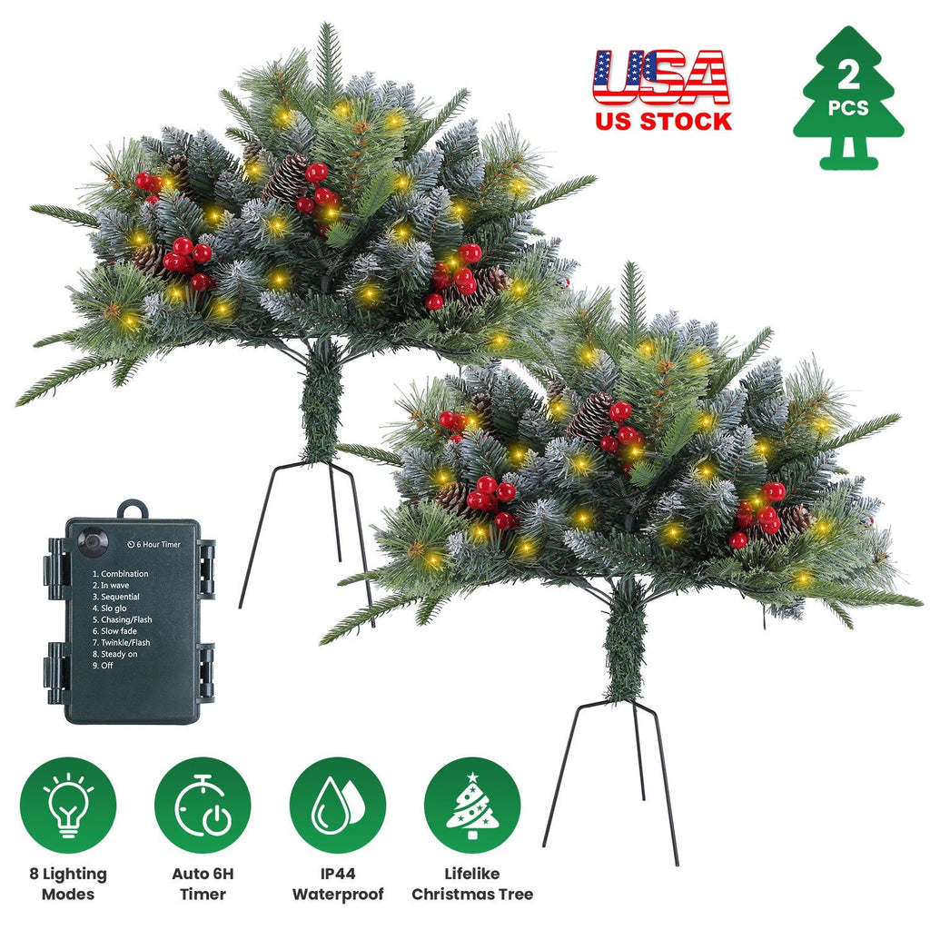 2Pcs Christmas Tree Urn Filler With Light Artificial Lighted Xmas Trees Light with Cones Berries Holiday Planter Filler LED Pathway Pine Tree IP44 Wat