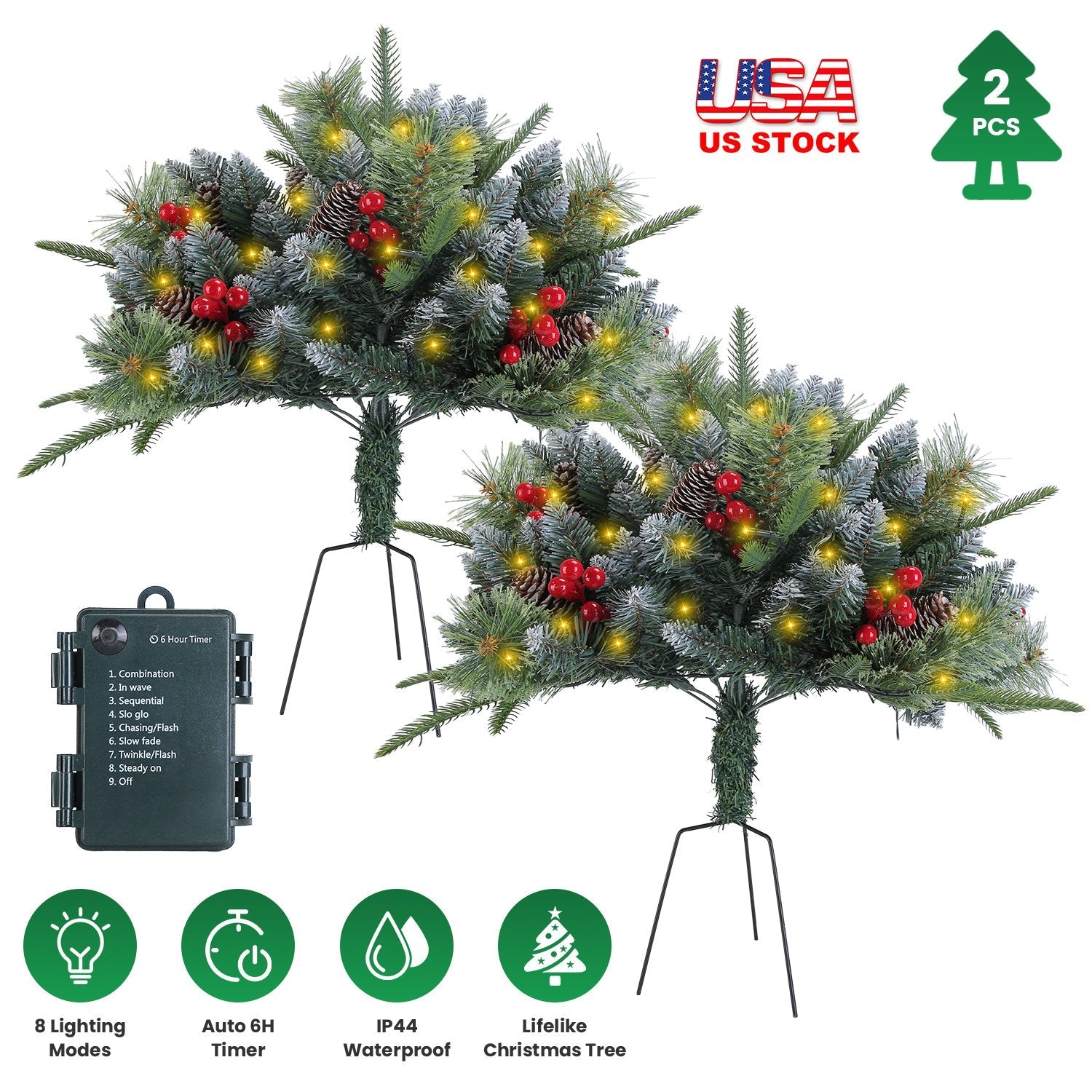 2Pcs Christmas Tree Urn Filler With Light Artificial Lighted Xmas Trees Light with Cones Berries Holiday Planter Filler LED Pathway Pine Tree IP44 Wat