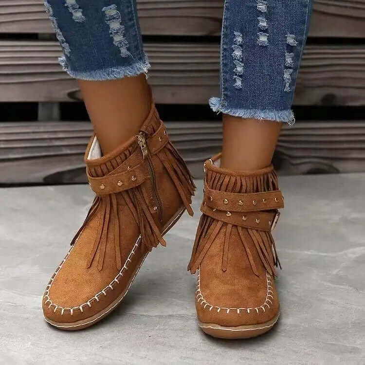 Women's Winter Ankle Boots with Rivet Tassel Detail