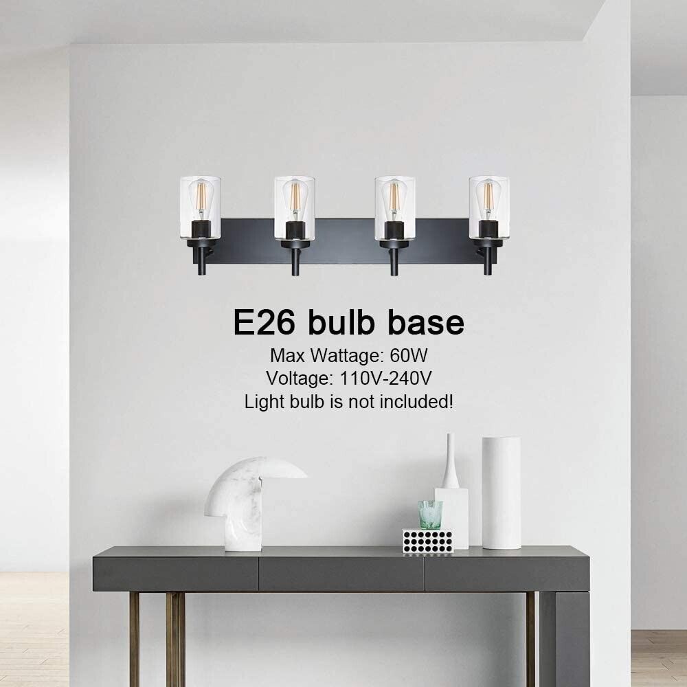 4-Light Sconces Bathroom Vanity Fixture, Black, Wall Lighting with Clear Glass