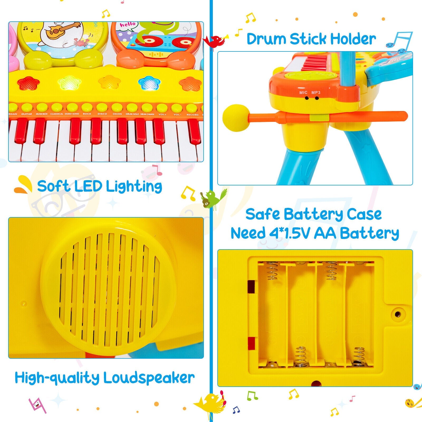 24-Key Piano Keyboard DJ Drum Combination with Microphone and MP3-Blue