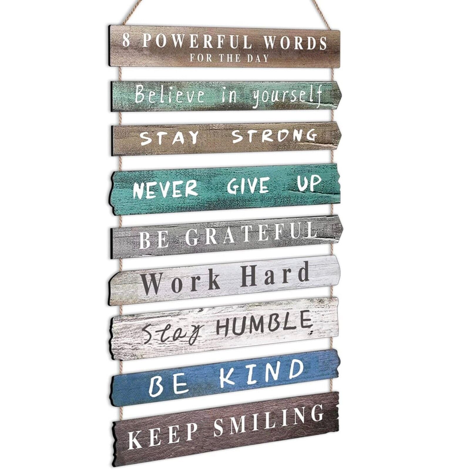 Inspirational Wall Hanging Art Wood String 24 x 12" Brown Green Blue Rustic New